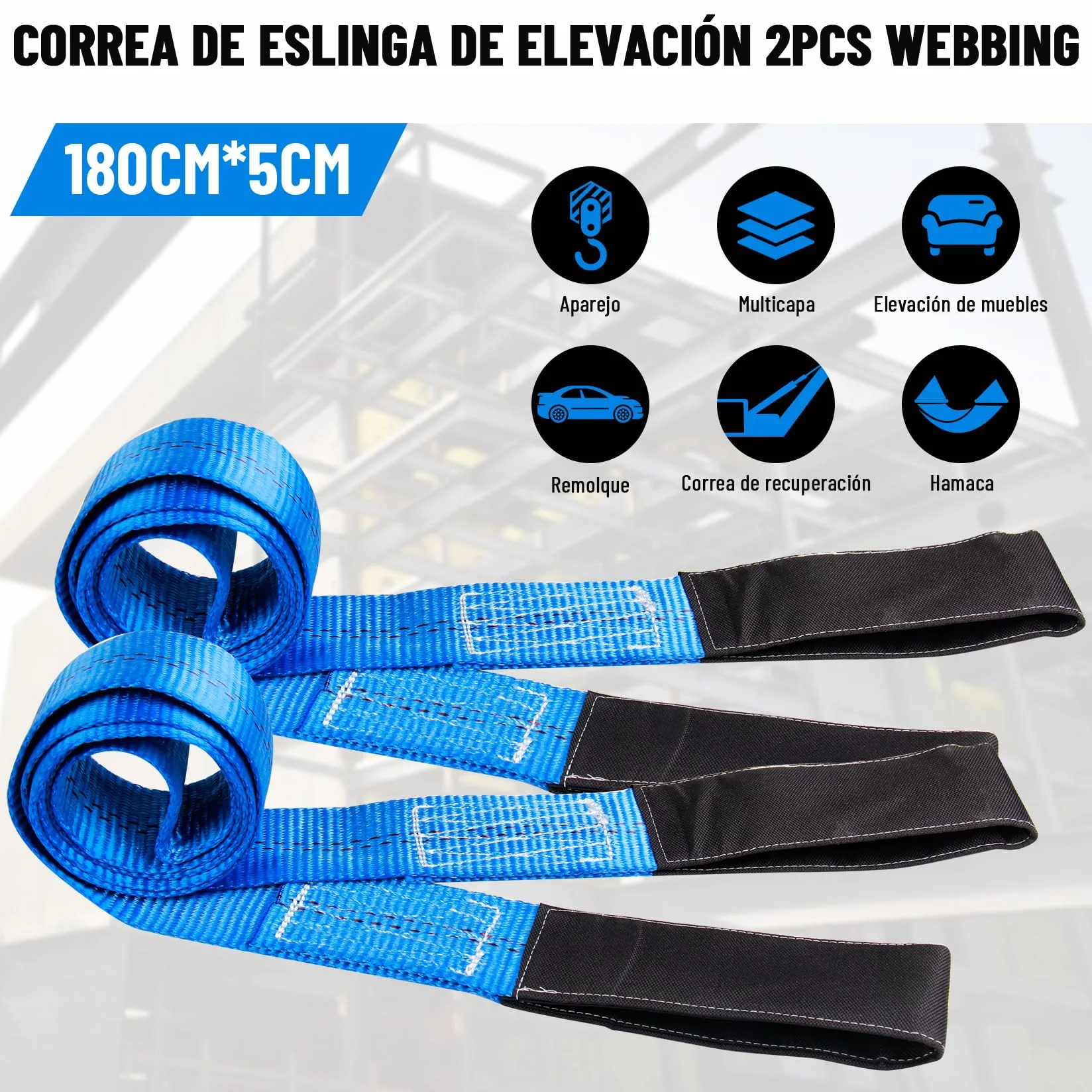 Eslinga Plana Doble Pindex 2 1.8 m 1000 kg, Eslinga de Elevación para Cabrestante, Grúa, Azul