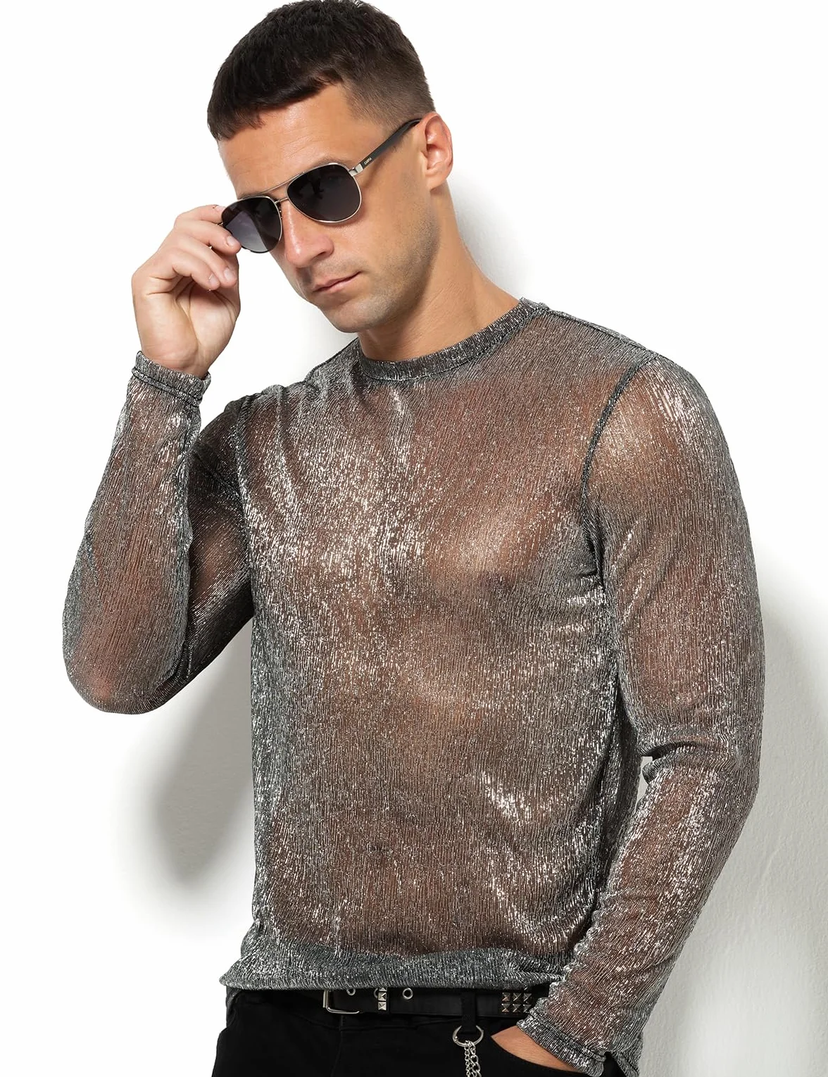 Casey Kevin Camiseta Transparentes Manga Larga Hombre Brillo Lentejuelas Rejilla Camisa Fiesta Plateada Brillante Ropa Sexy Top Fiesta Discoteca Punk Nocturno Jazz Rock Hip Hop Dance Clubwear