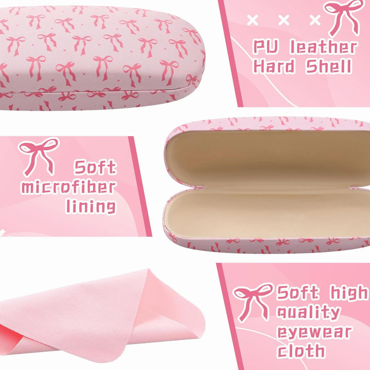 Fuyoooo Paquete de 3 fundas duras para gafas de sol con lazo rosa con paño de limpieza, caja de piel sintética para gafas de sol