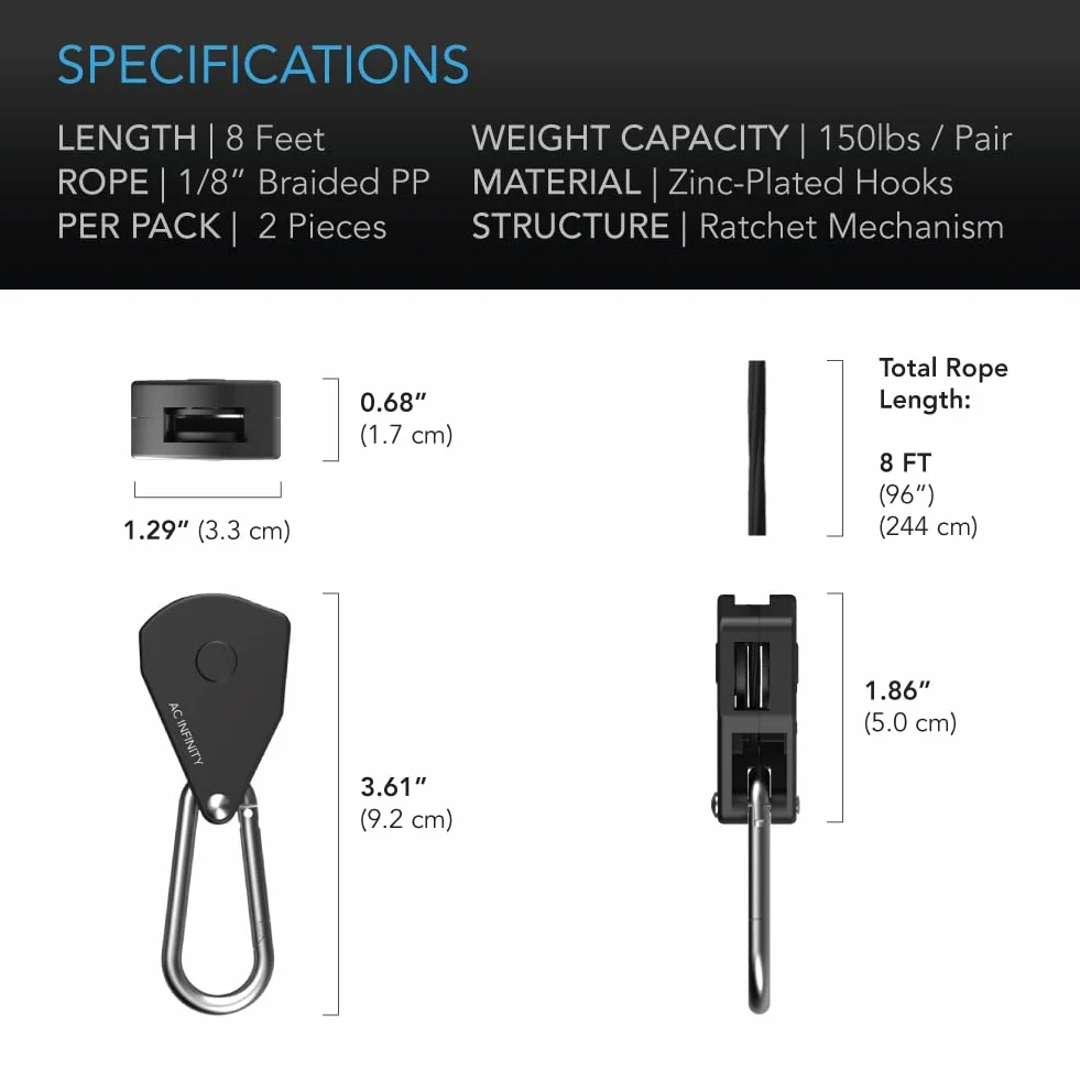 AC Infinity Percha de Cuerda Ajustable 0,3cm Acero Inoxidable Capacidad 150 Libras 1 Par