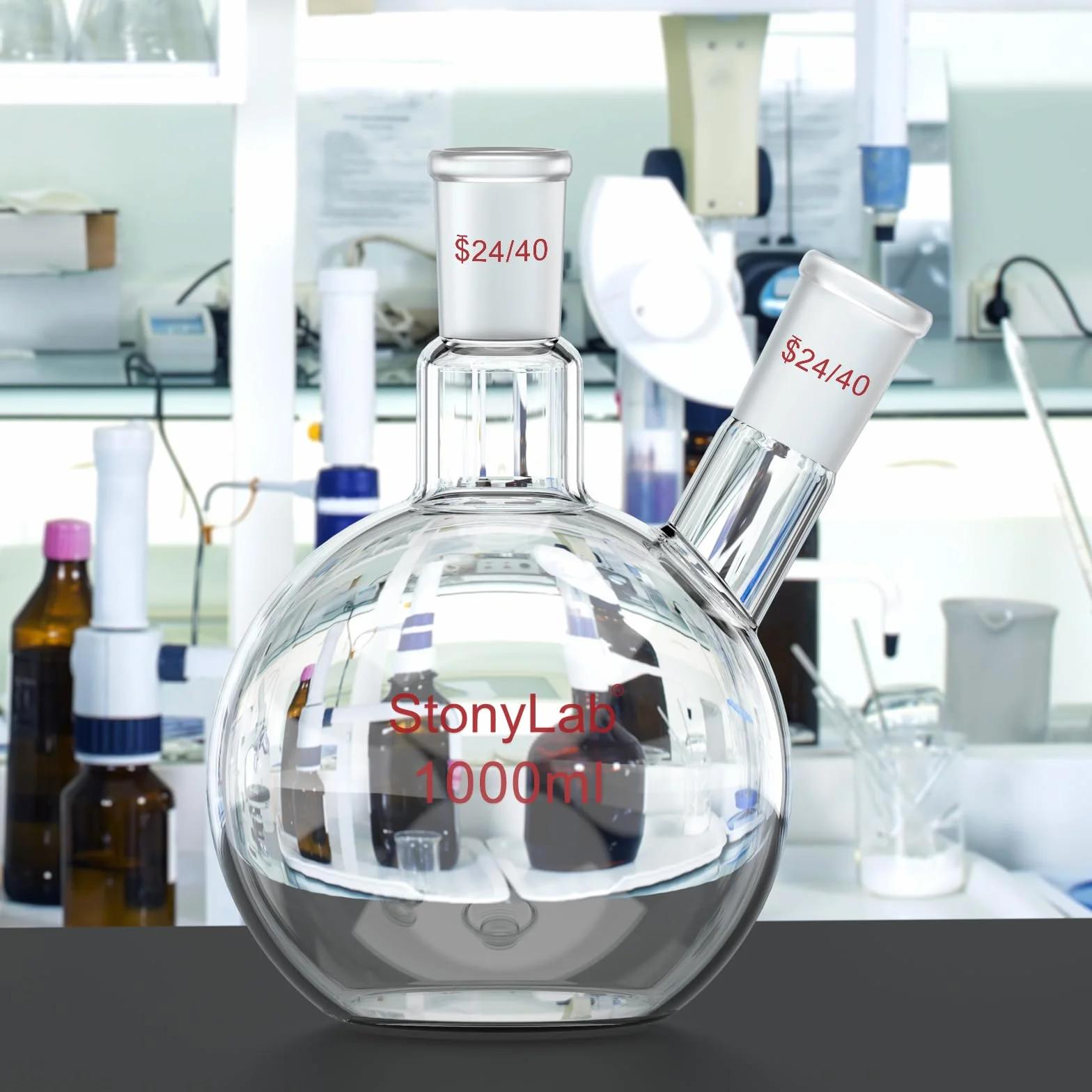 Stoneylab Matraz de Fondo Plano FBF 1000 ml, Vidrio de Borosilicato con Junta 24/40