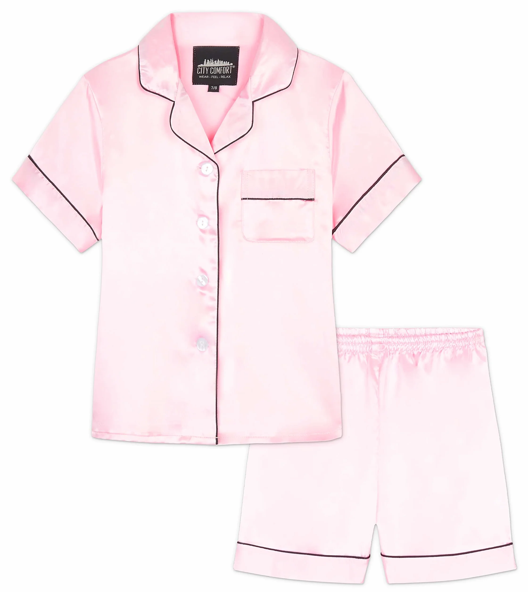 CityComfort Pijama Niña Verano Pijamas Adolescentes Conjunto 2 Piezas Pijama Saten Corto Manga Corta con Botones Ropa de Casa Regalo Niña