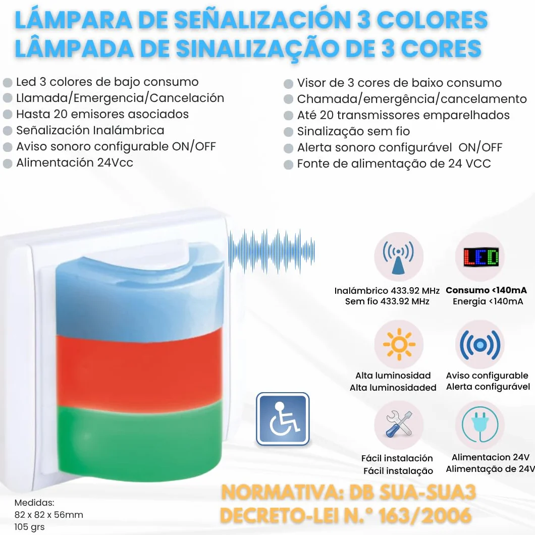 Kit Llamada Alarma Emergencia Inalámbrico Tirador Pulsador Aviso Acústico Lámpara Alta Visibilidad Baños Asistidos Adaptados