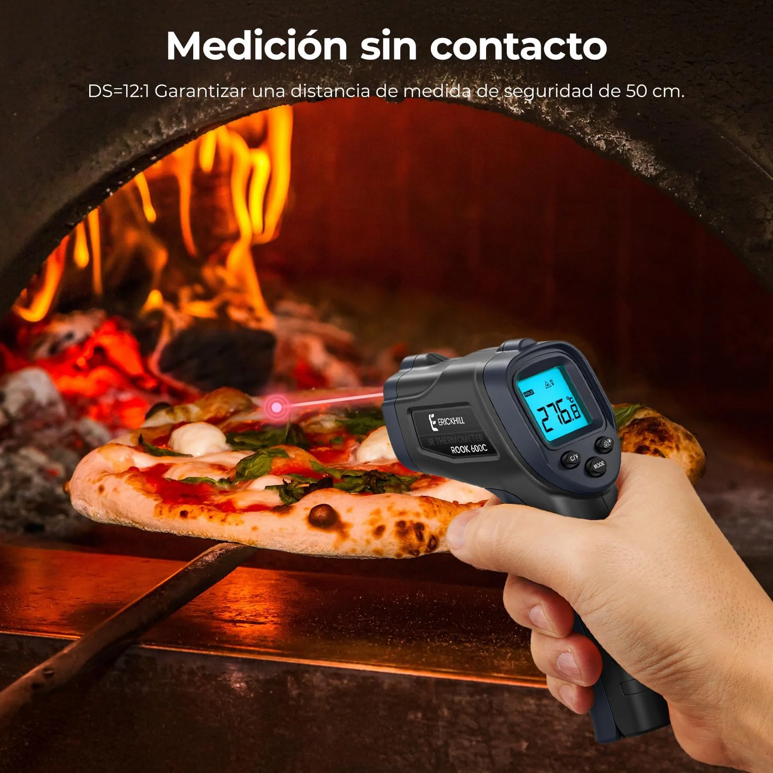 ERICKHILL Termómetro infrarrojo -50°C~600°C Pistola láser sin contacto LCD Pantalla retroiluminada Emisividad ajustable