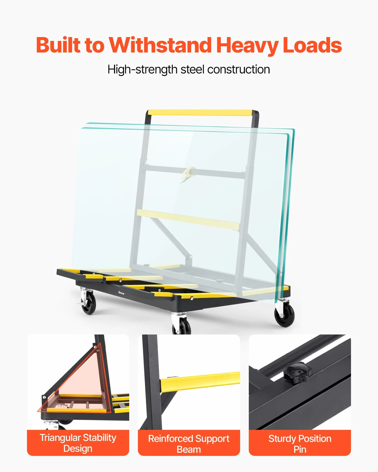 VEVOR Carro Transportador de Paneles de Yeso, 816,5 kg, Ruedas Giratorias, Base Extensible, 1000 x 830 x 1100 mm