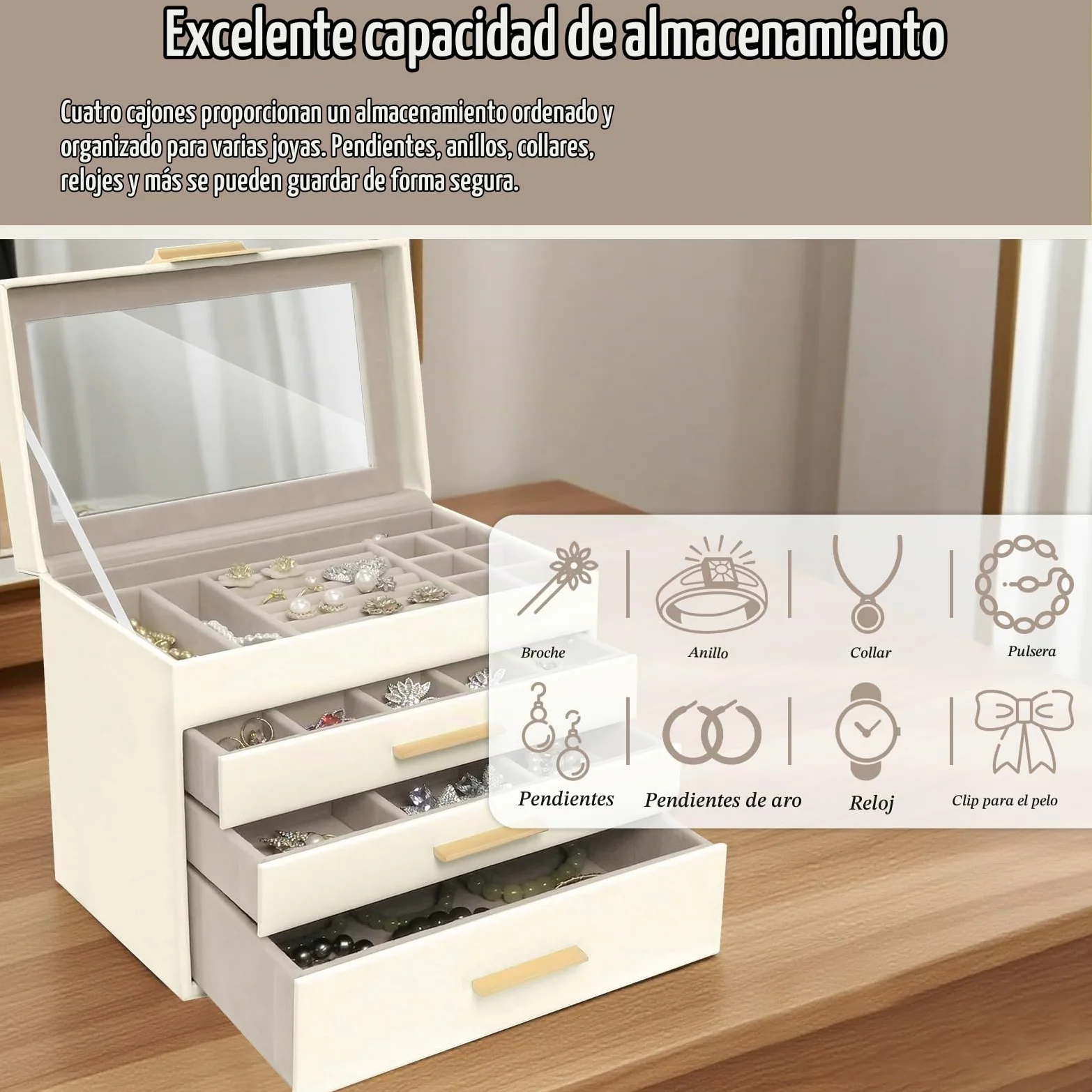 Caja Joyero Mujer de 4 Niveles, Joyeros Organizador Joyas Cuero PU | 3 Cajones, Gran Capacidad, Joyería Joyero para Mujeres y Niñas para Pendientes, Cadenas, Pulseras - Beige