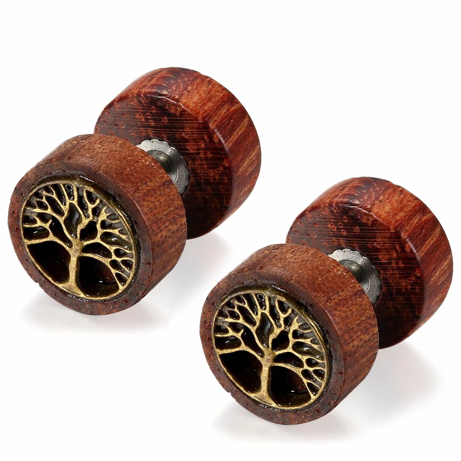 Flongo - Pendientes de acero inoxidable, madera, retro, árbol de la vida, león, cabeza de fantasía, pendientes de color marrón para hombre y mujer