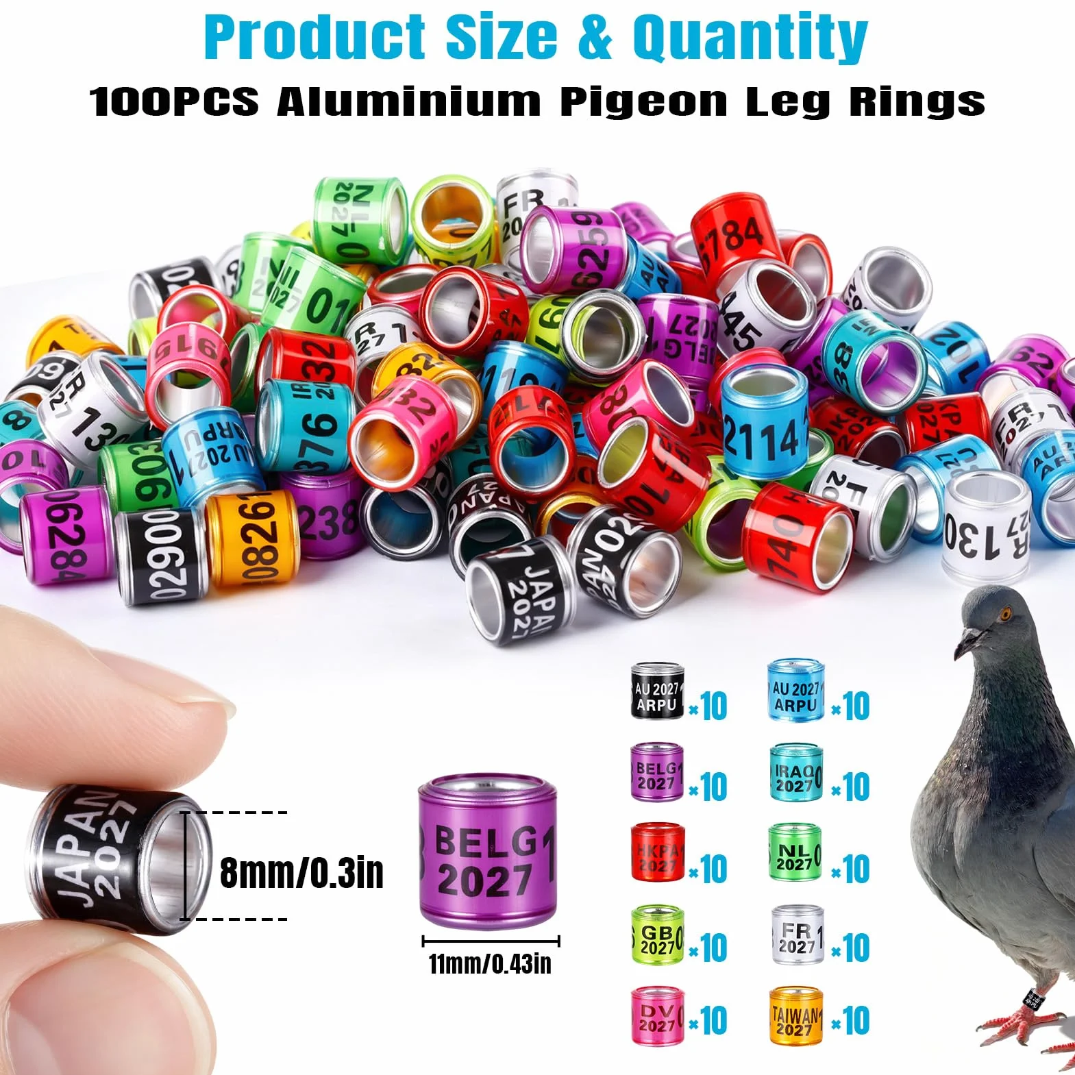 Anillos de aluminio para patas de paloma 10 colores identificación bandas 2026