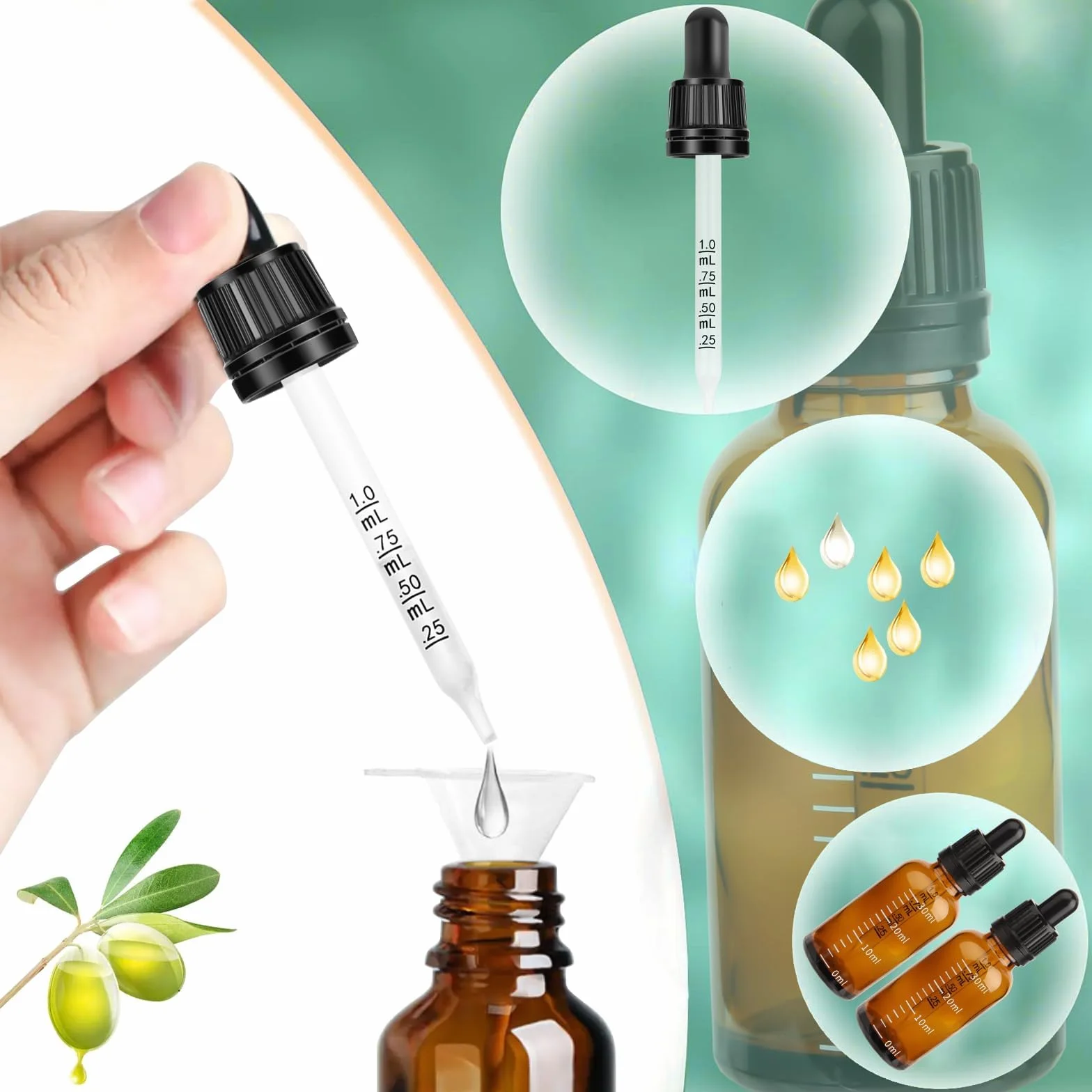 Goteros Cuentagotas 30ml Cristal con Pipetas y Escala para Aceite Esencial, Masaje, Aromaterapia