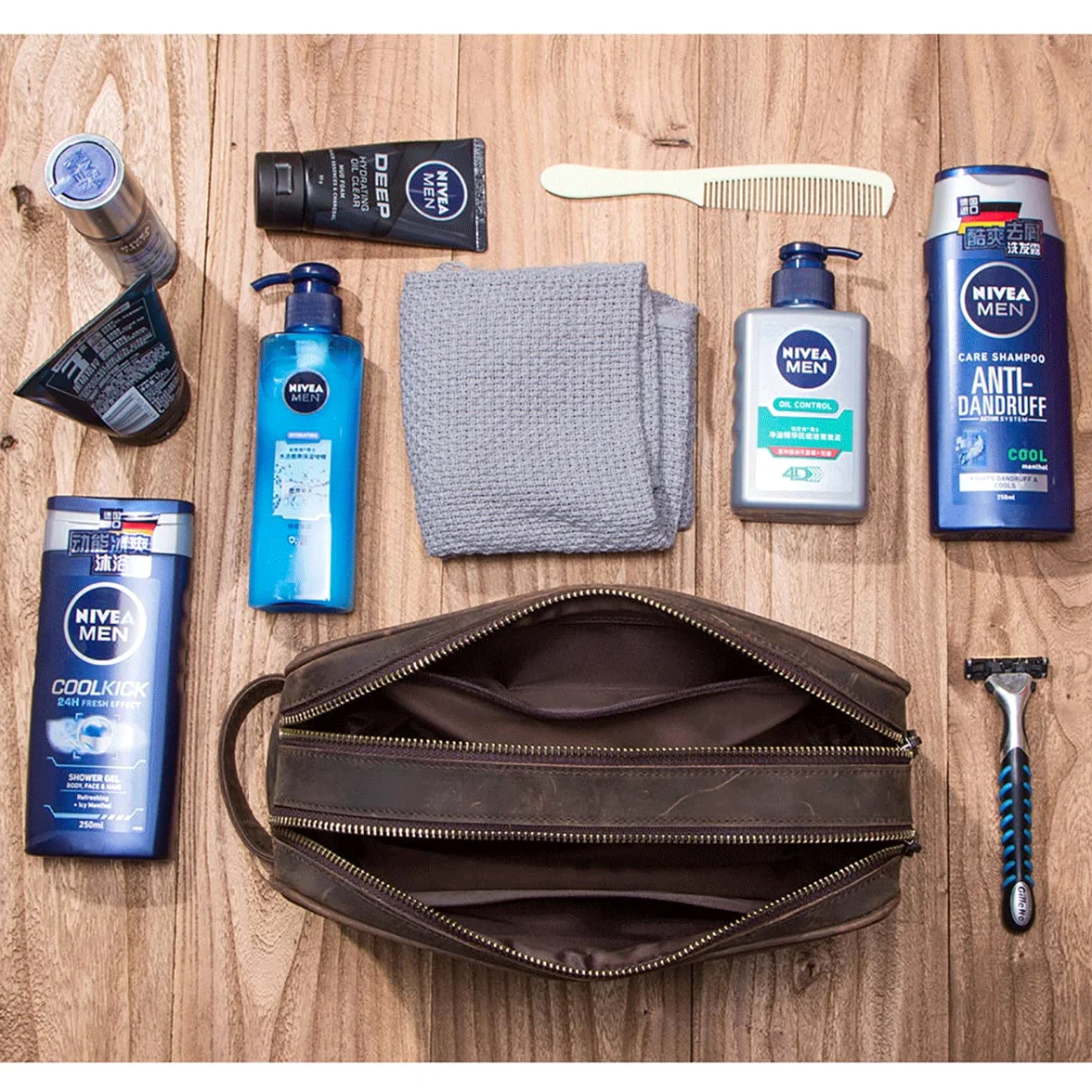 Contactos Hombre Bolsa de Aseo de Negocios de Viaje de Cuero de Vaca con Gran Capacidad Doble Cremallera, 5#café, Taille Unique, Bolsa de Aseo