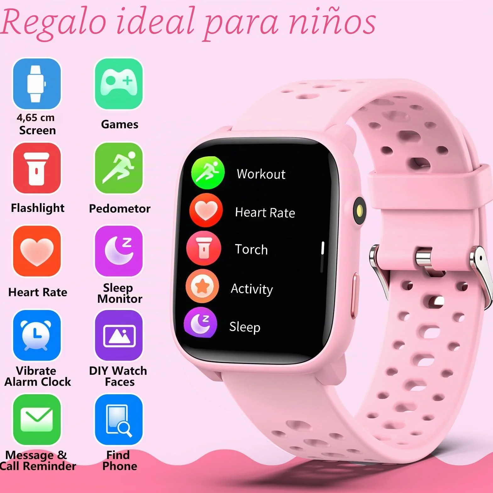 Reloj Inteligente Niños Niñas Sin App Necesaria, 1,83" Smartwatch Niños con Podómetro, Resistente al Agua IP68, Reloj Monitor Cardiaco y Sueño, Despertador, Juegos de Rompecabezas (Rosa)