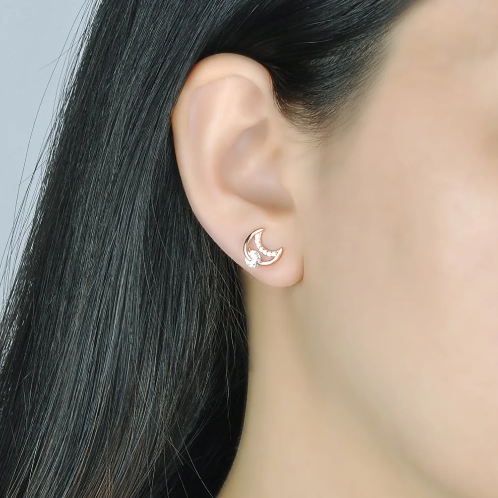 Pendientes Mujer Niña, Yumilok-Moda Pendientes con Brillantes Circontias Estrella y Luna, Oro Rosa S925 Plata de Ley