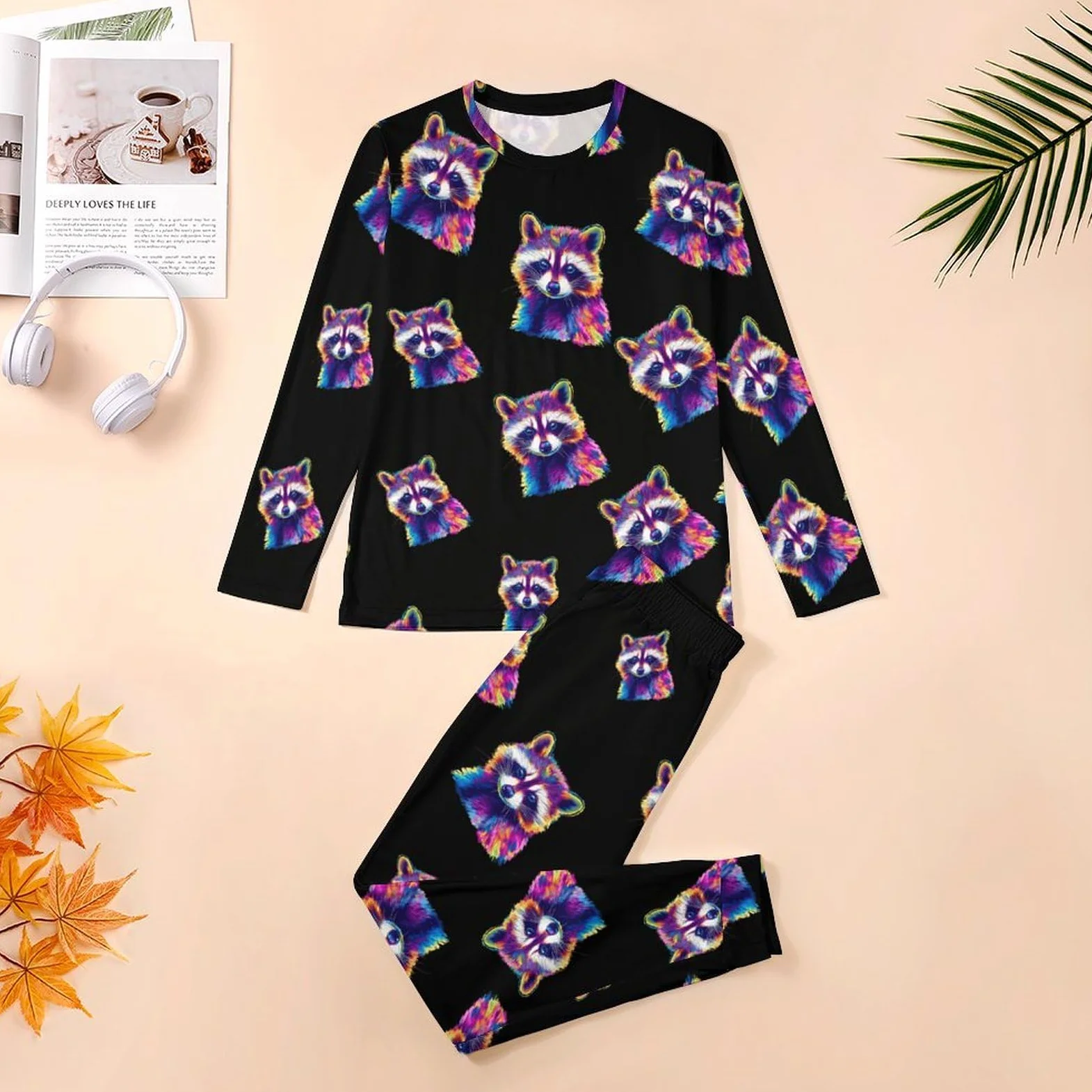 Colorido mapache - Conjunto de pijama para hombre, cuello redondo, ropa de descanso larga, 2 piezas
