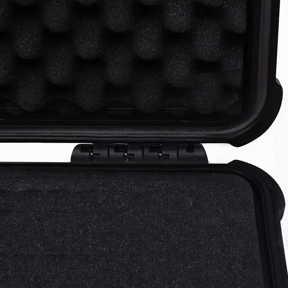 Maletín universal negro de polipropileno y ABS, 35 x 29,5 x 15 cm, rígida, con junta tórica, válvula de presión, insertos de espuma para cámara, lente, accesorios, viajes, exteriores