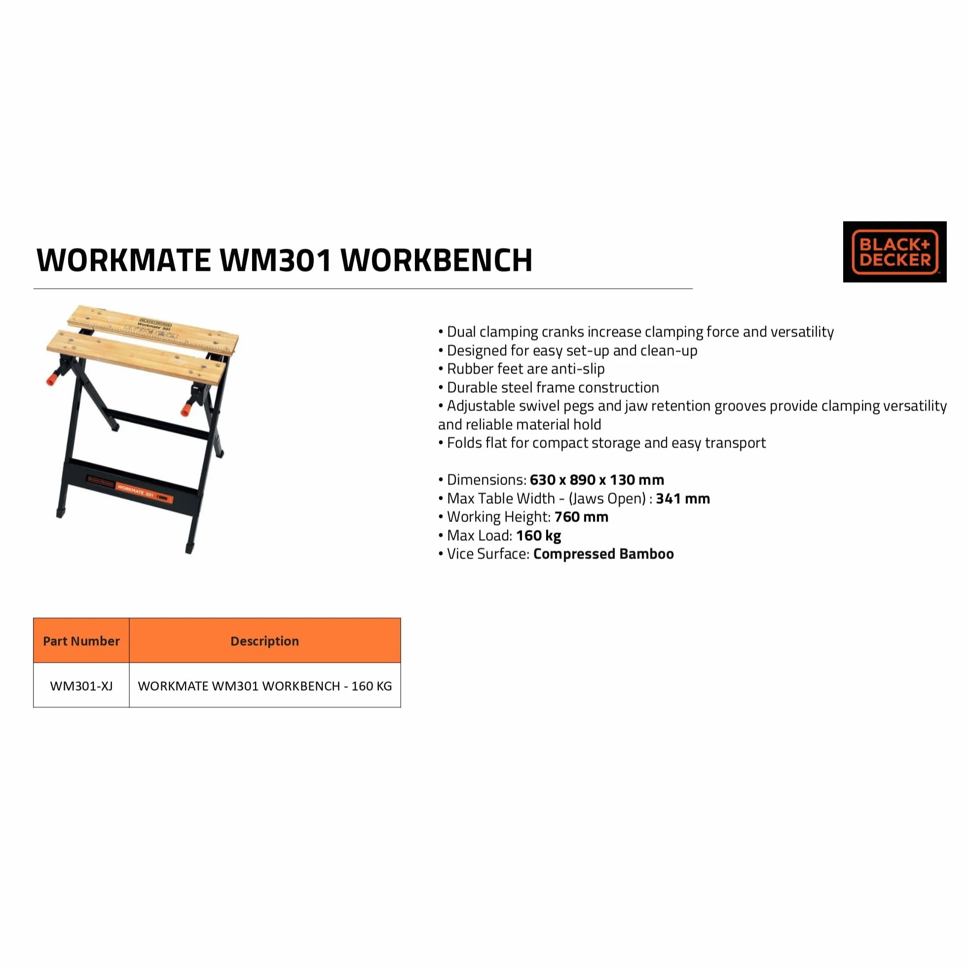BLACK+DECKER WORKMATE WM301-XJ Banco de Trabajo Plegable, Doble Manivela, Patas Antideslizantes, Bambú y Acero, Negro