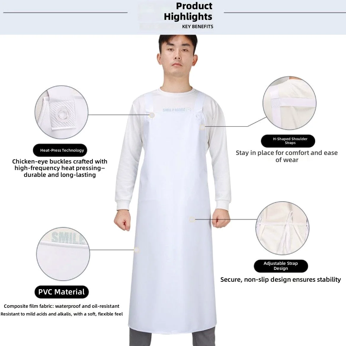 Delantal Impermeable de PVC Blanco - 10 Piezas, Delantal de Trabajo Pesado, Resistente a Productos Químicos y Aceite, Ideal para Cocina, Lavavajillas y Uso Industrial