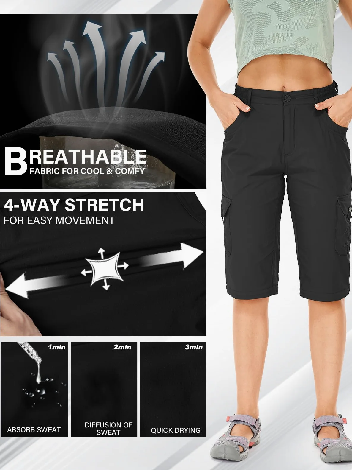 Walking Trousers Women Cargo Pants Waterproof Summer Quick Dry Convertible Stretch Outdoor Casual UPF 50 Hiking Zip Off