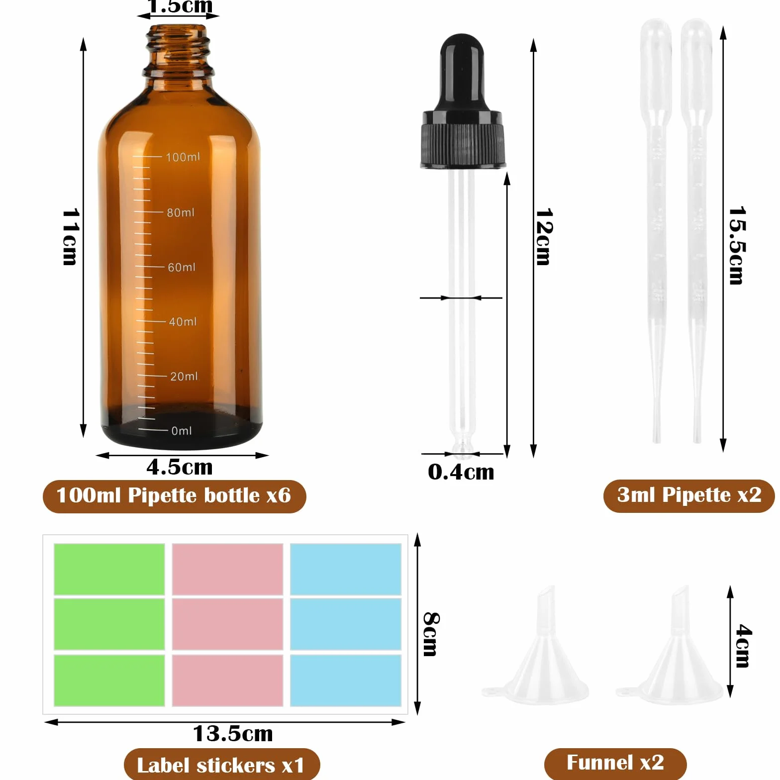 Botellas Cuentagotas Cristal 100ml Ambar 6 Piezas con Embudo y Cuentagotas para Aceite Esencial