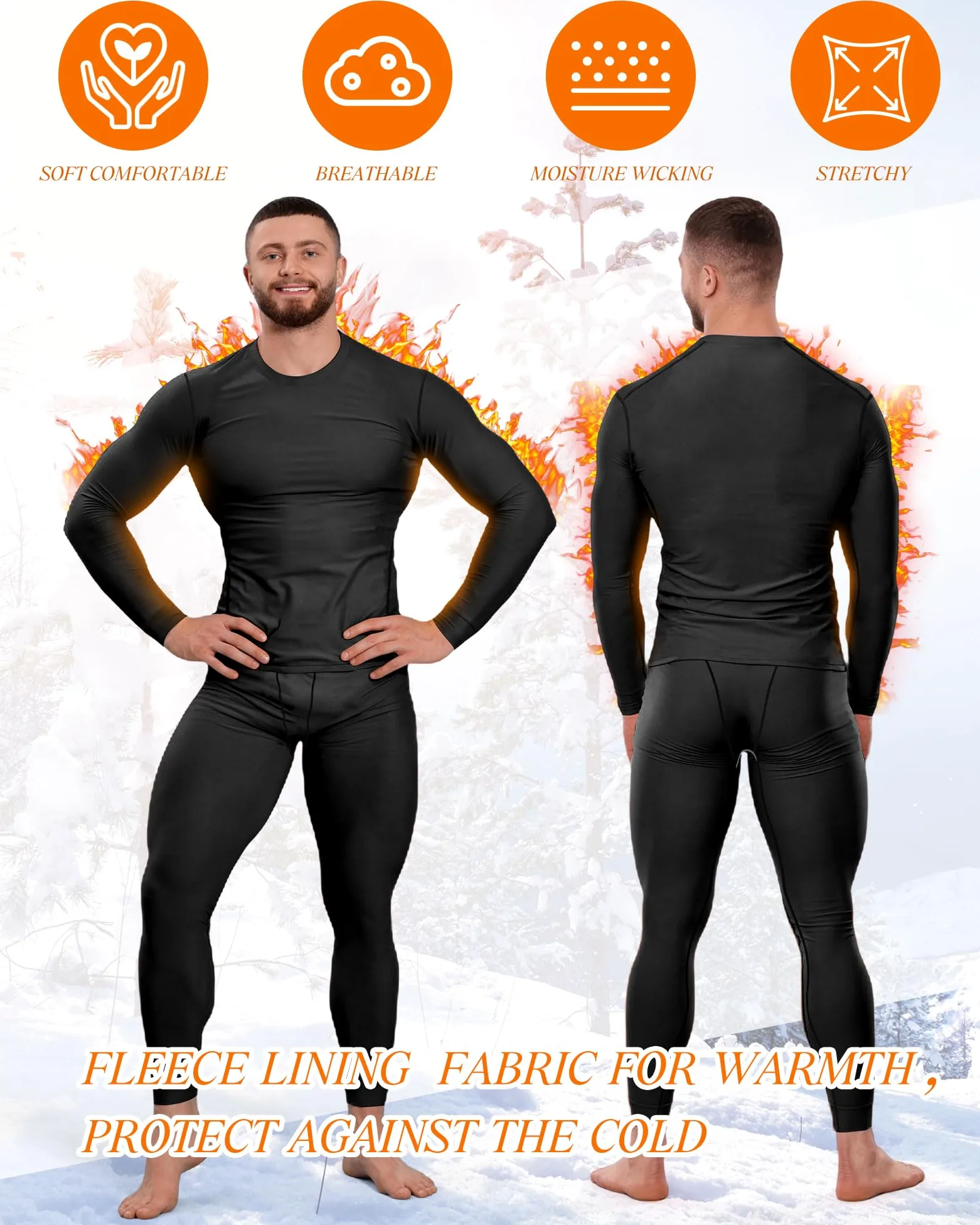 Juego de 3 ropa interior térmica de invierno para hombre, pantalones largos, capa base para hombre, clima frío, forro polar, parte superior inferior para equipo de caza, deporte, Negro, azul marino,