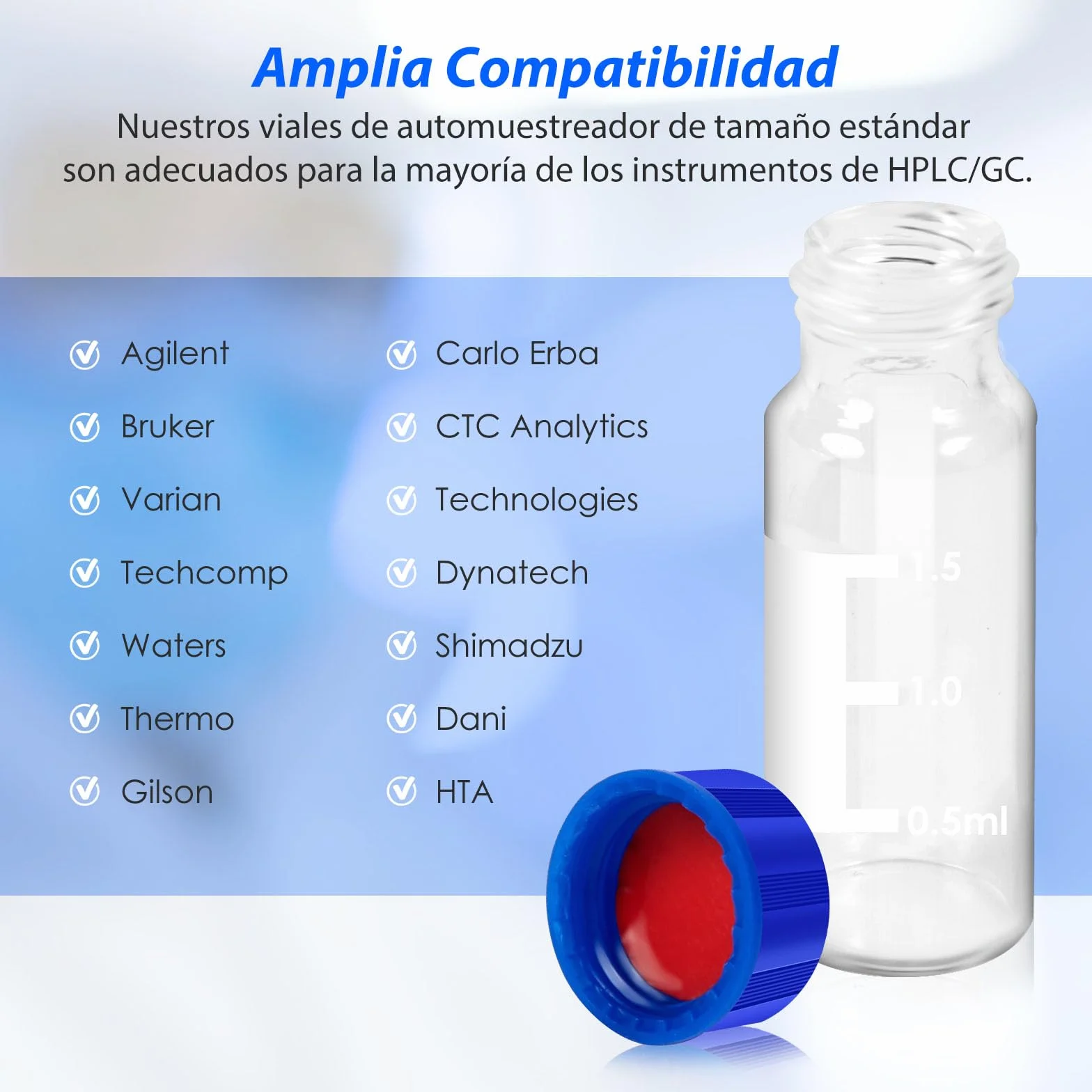 Frascos HPLC de 2 ml, 9-425, Viales Claro con Tapón de Rosca, PTFE Rojo y Septa de Silicona Blanca, 100 Pacs