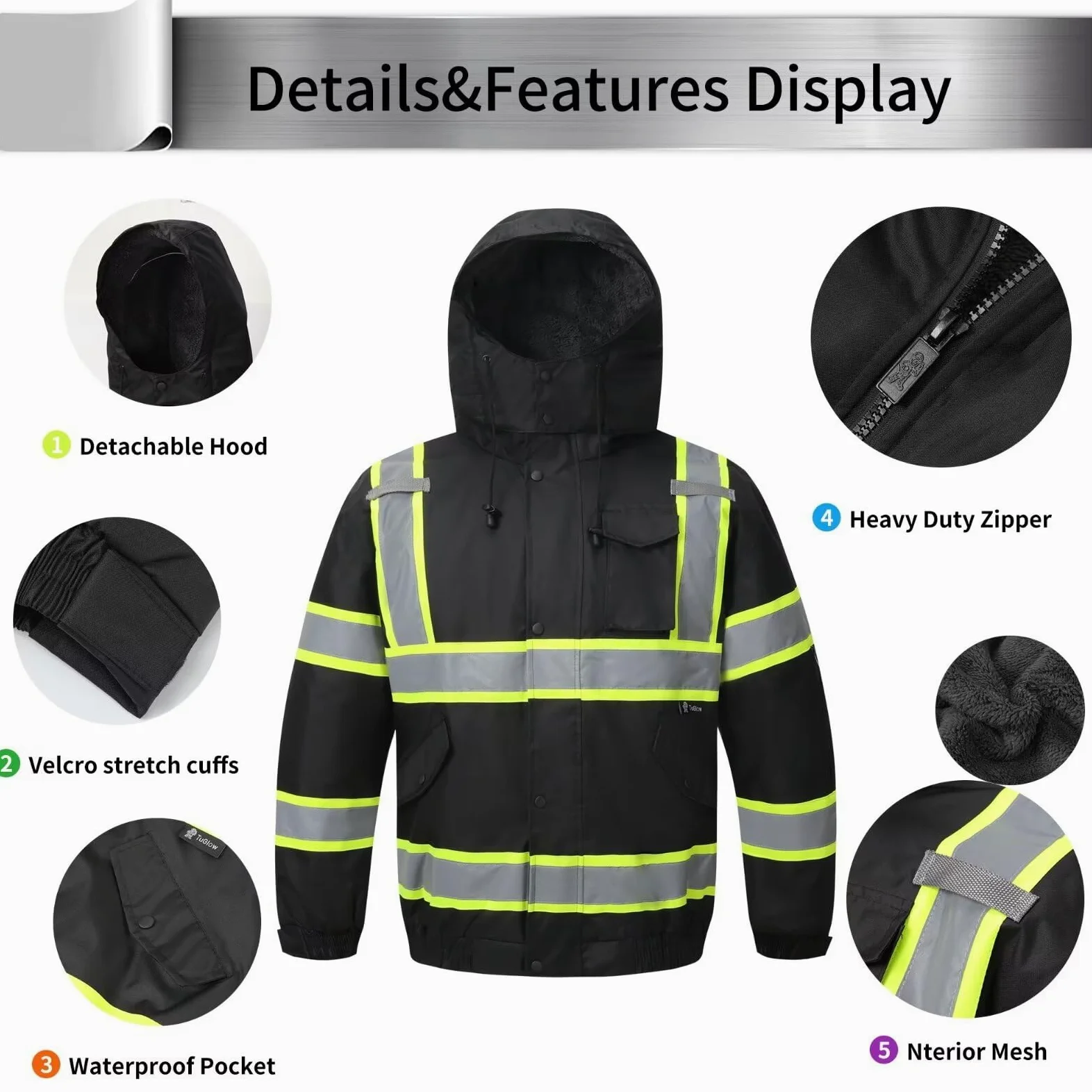 Sudadera con capucha de alta visibilidad para hombre, chamarra de seguridad reflectante con cierre para hombre y mujer, parka aislada para construcción y trabajo