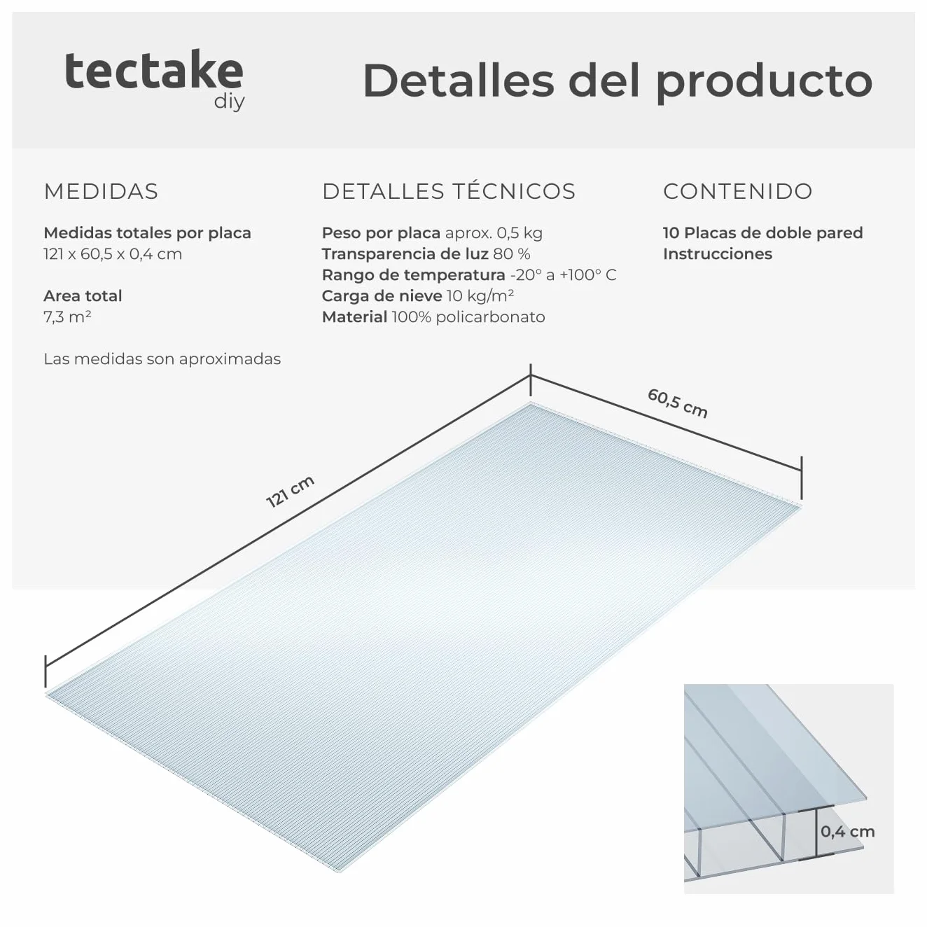 tectake Placas de Policarbonato Transparente 121x60.5x0.4 cm Resistente UV Exterior Tejado Marquesina