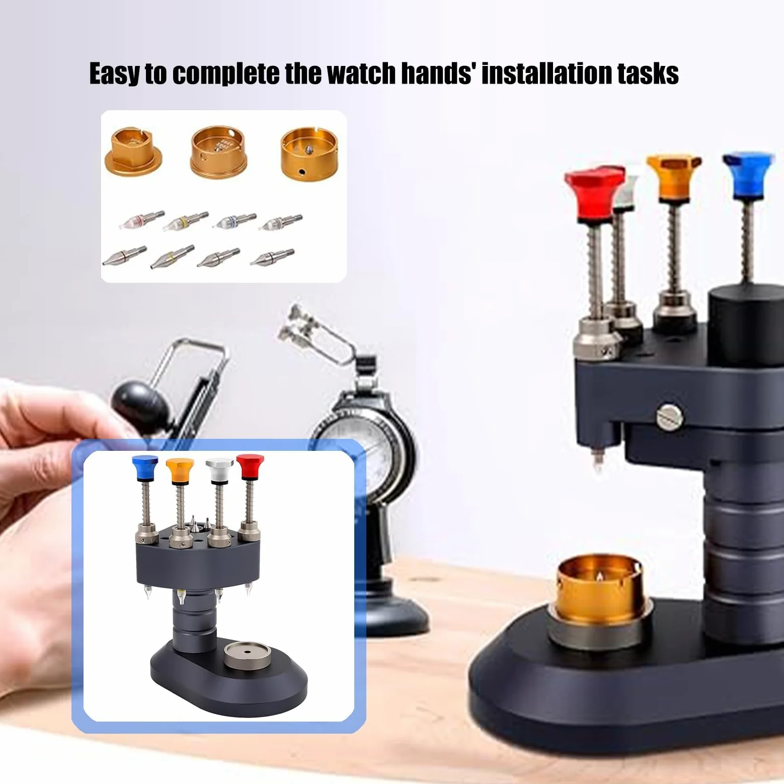 Prensador de mano profesional de 4 pines para reloj, 8 agujas con boquillas de acero para reparaciones precisas de relojeros, herramienta de instalación manual profesional