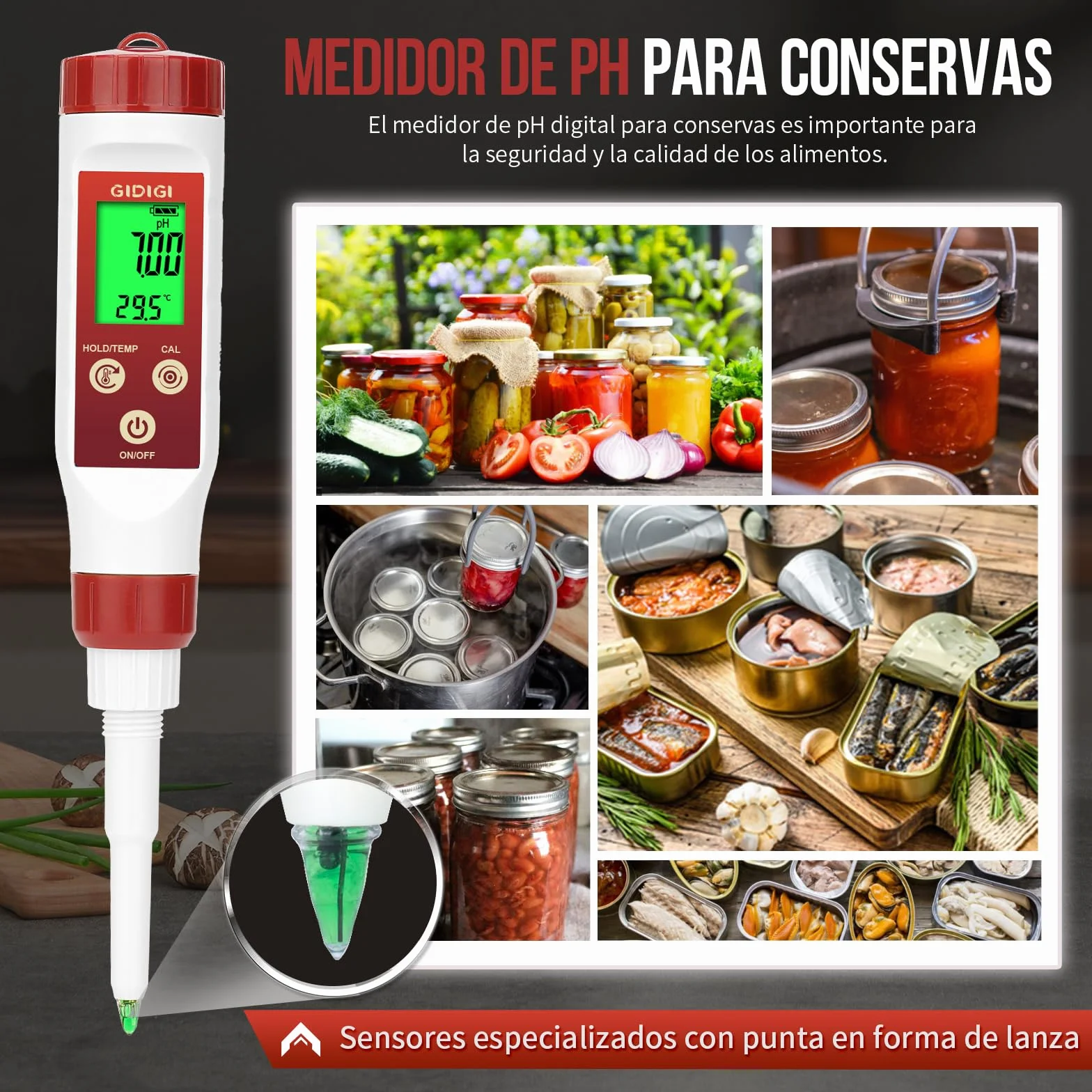 Medidor pH Alimentos Profesional con Sonda de Punta para Analizar pH y Temperatura en Líquidos y Semisólidos