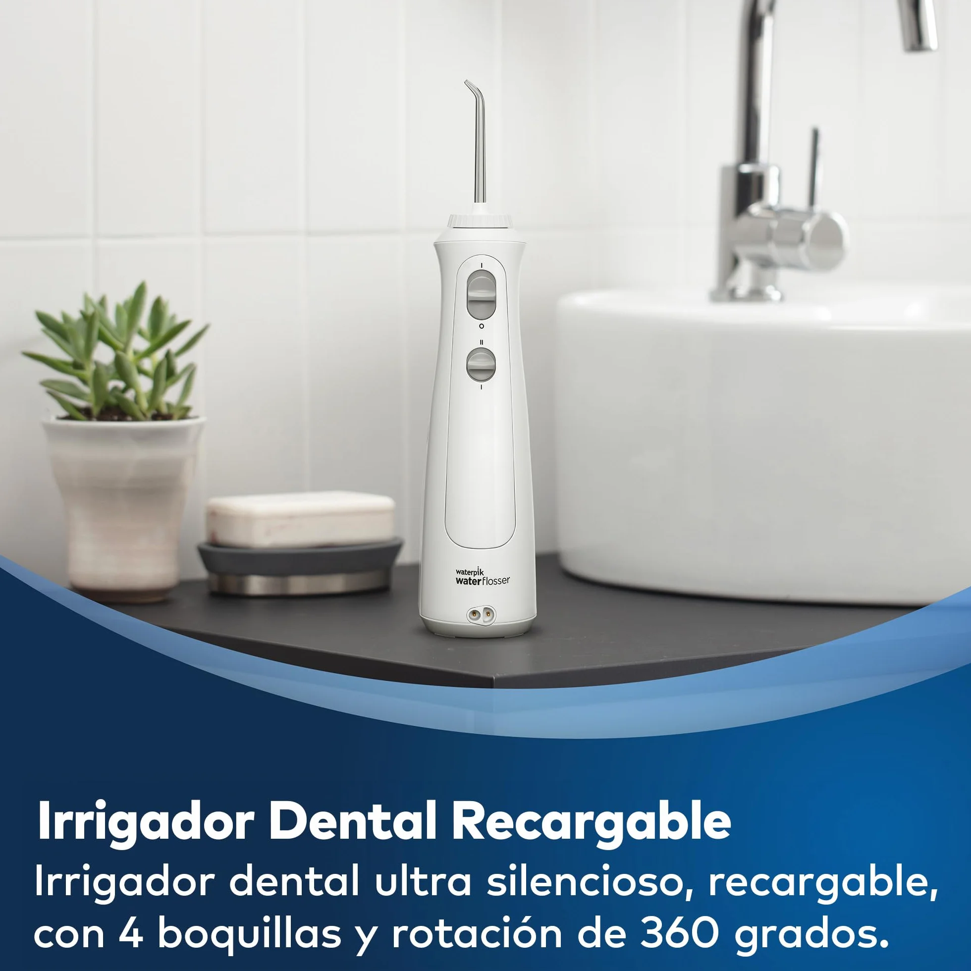 Waterpik Irrigador Dental Inalámbrico WF-13, Cepillo Eléctrico Recargable, Elimina Placa, Portátil Blanco