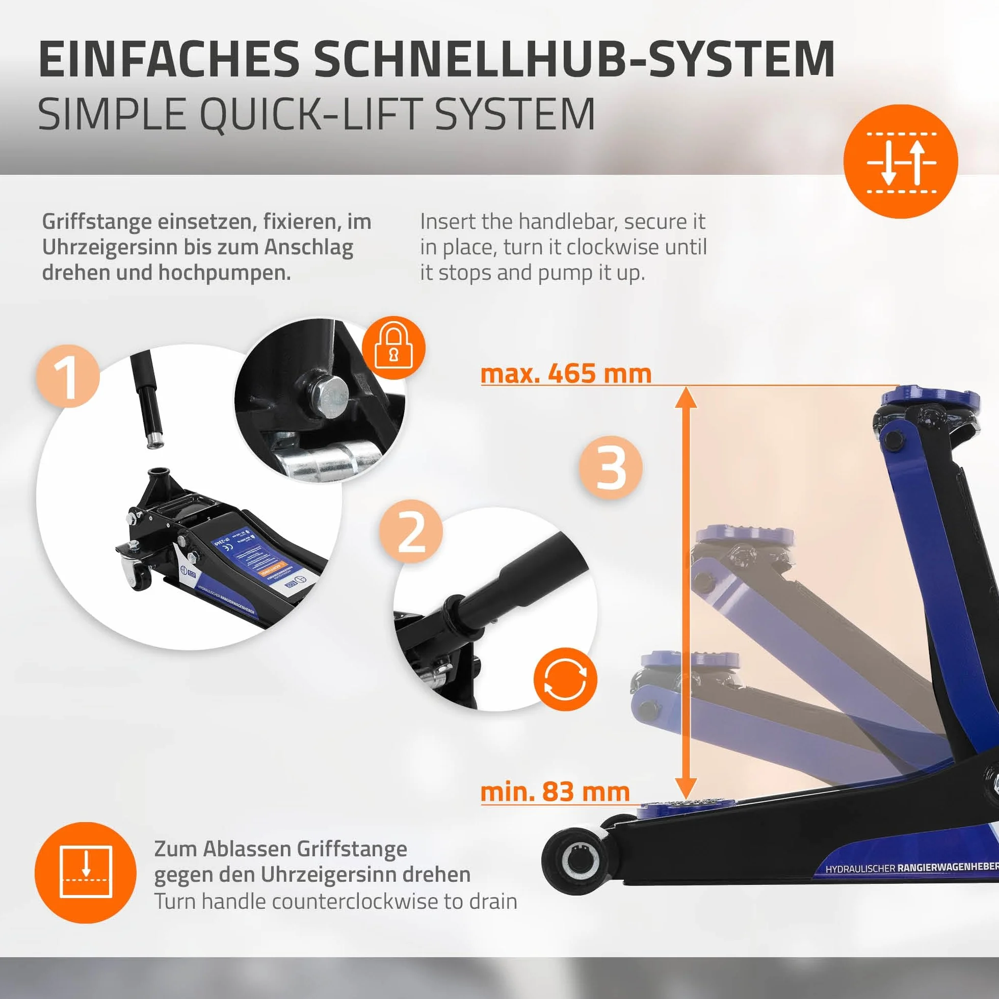 ECD Germany Gato Hidráulico 3T 83-465 mm Elevación Plana con Almohadillas de Goma y Rodillos 360°