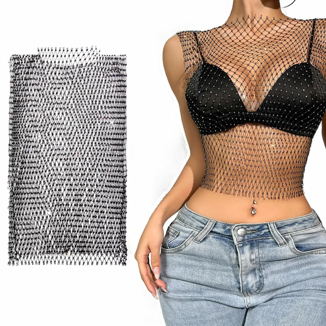 1 Piezas Camiseta Rejilla Mujer, Top Mujer Fiesta, Rhinestone Brillante Malla Cuerpo Cadena Tops para Mujeres Brillante Bikini Crop Top (Negro,M)