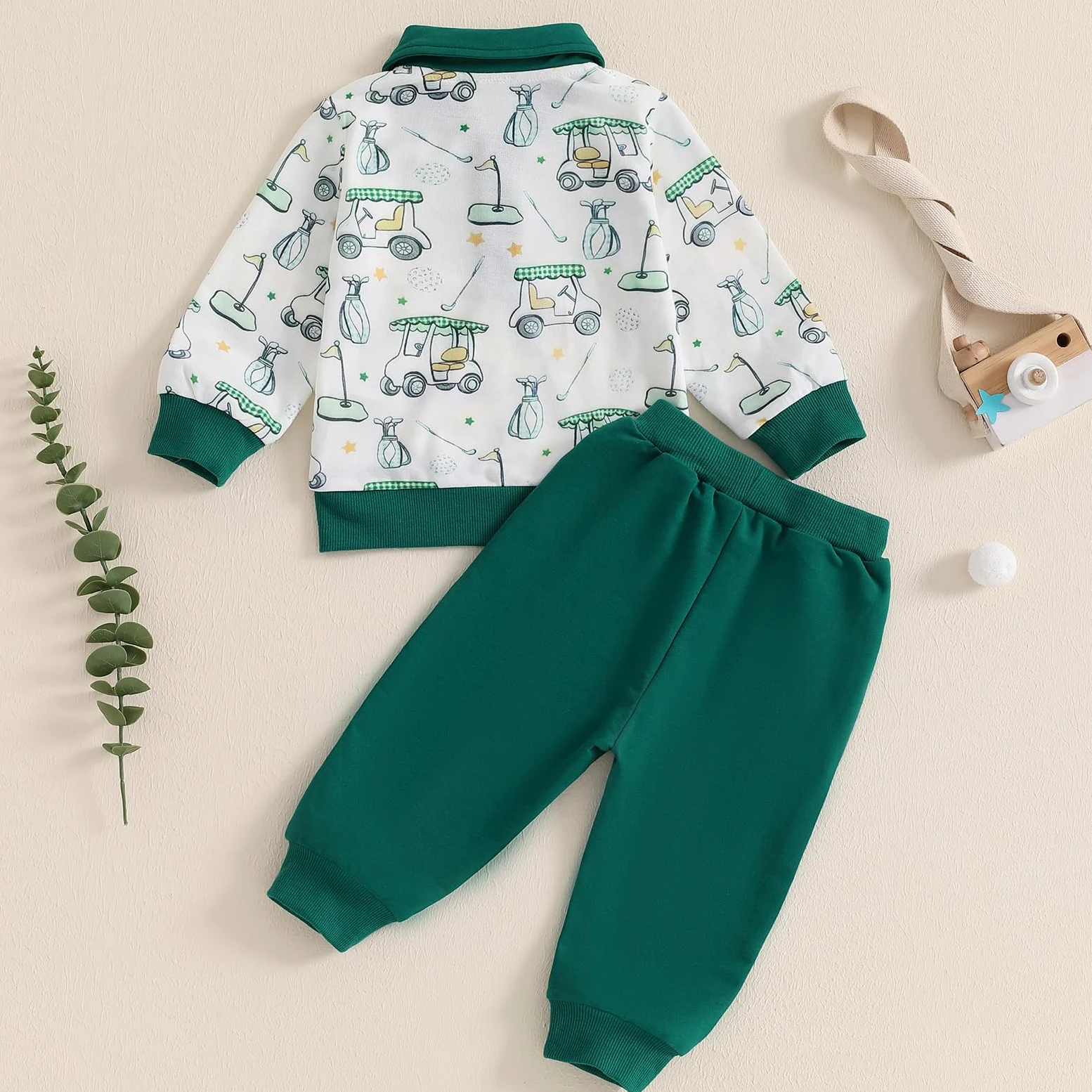 Chloefairy Conjunto de 2 piezas de ropa de otoño para niños pequeños con estampado de carrito de golf, sudadera tipo polo y pantalones largos, 6M-4T