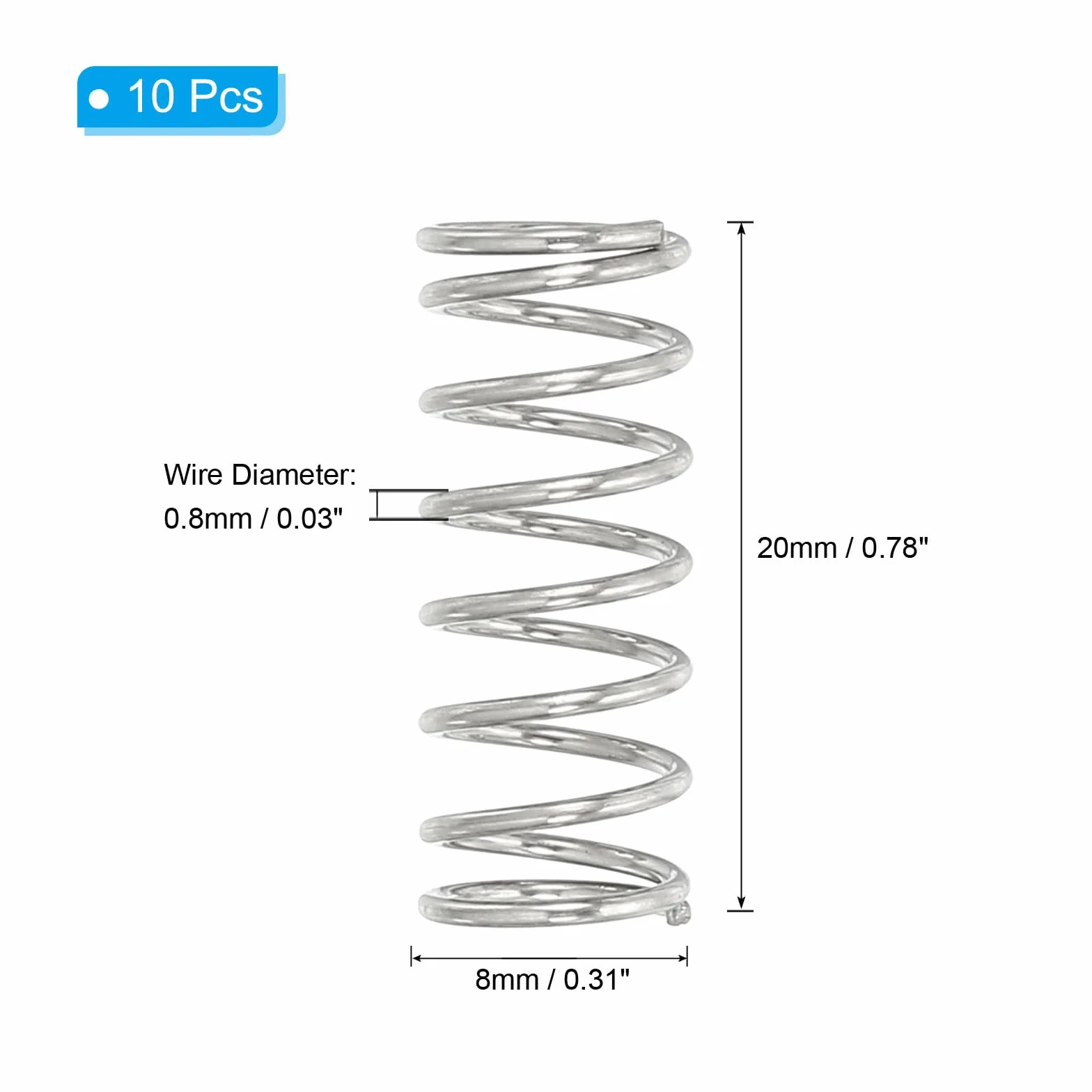 Resorte de Compresión 0.8mm x 8mm x 20mm, 10 Piezas Acero Inoxidable 304 Muelles Pequeños
