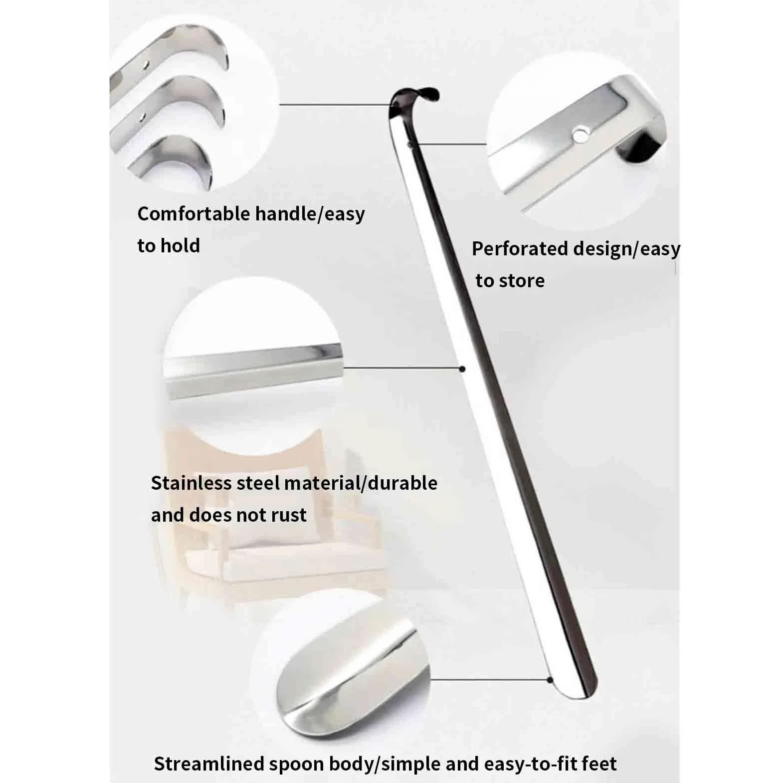 Calzador largo – Calzador de metal con mango largo, fácil de colgar, para hombres y mujeres, ideal para uso mayor, construcción de acero inoxidable