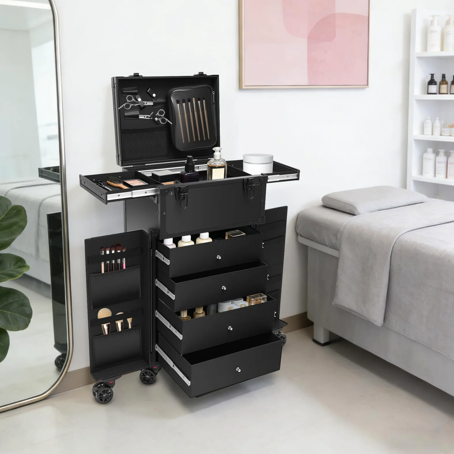 Maletín de maquillaje con ruedas, de aluminio, grande, con 4 cajones, asa telescópica, con cierre, maletín de peluquería móvil para diseño de uñas, peluquería