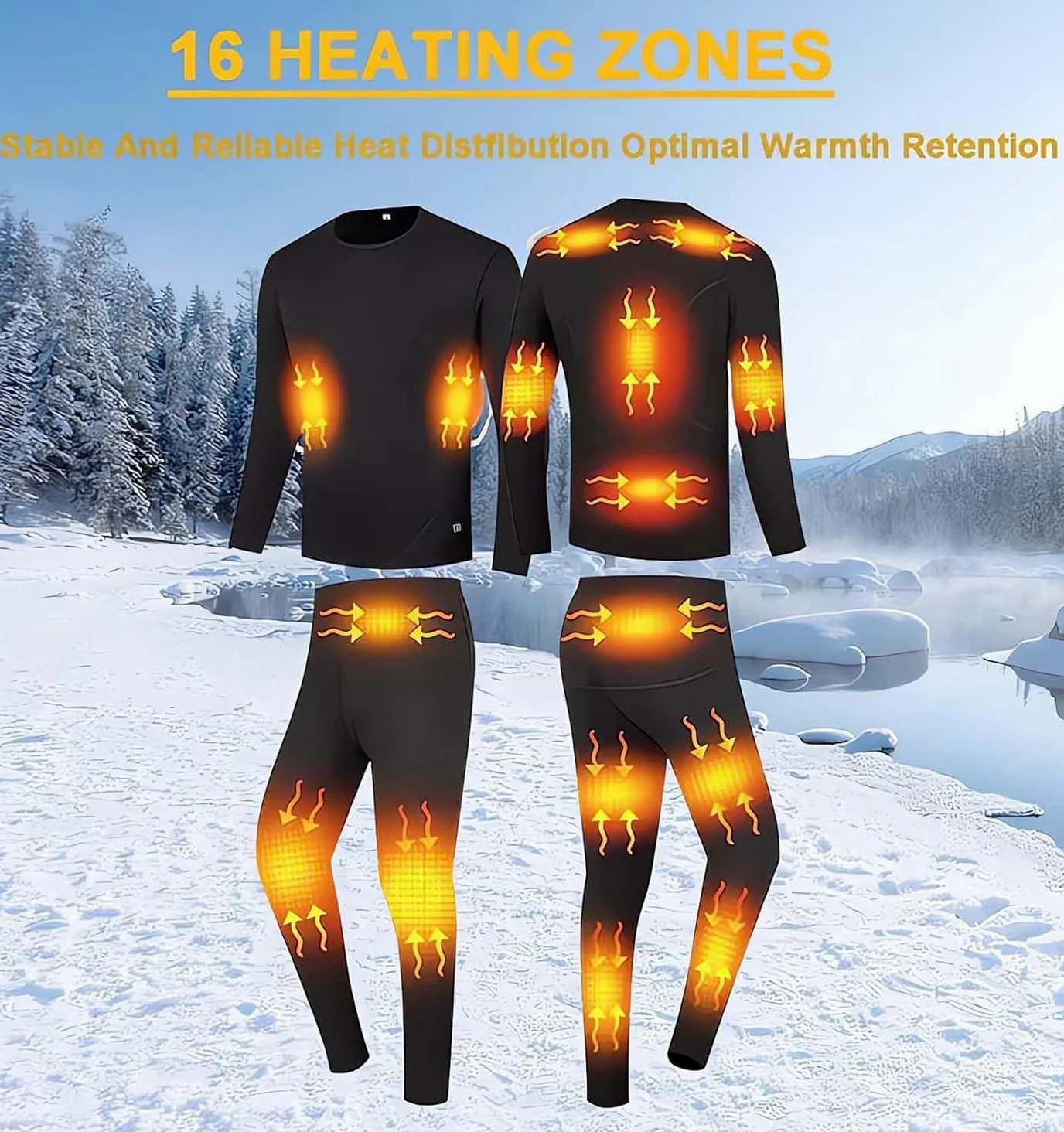 Ropa Interior Calefactable Hombre, Conjunto de Ropa Interior Térmica Calefactables con 16 Zonas de Calentamiento, Ropa Termica Hombre para Esquí Pesca Caza Moto(No Incluye Batería)