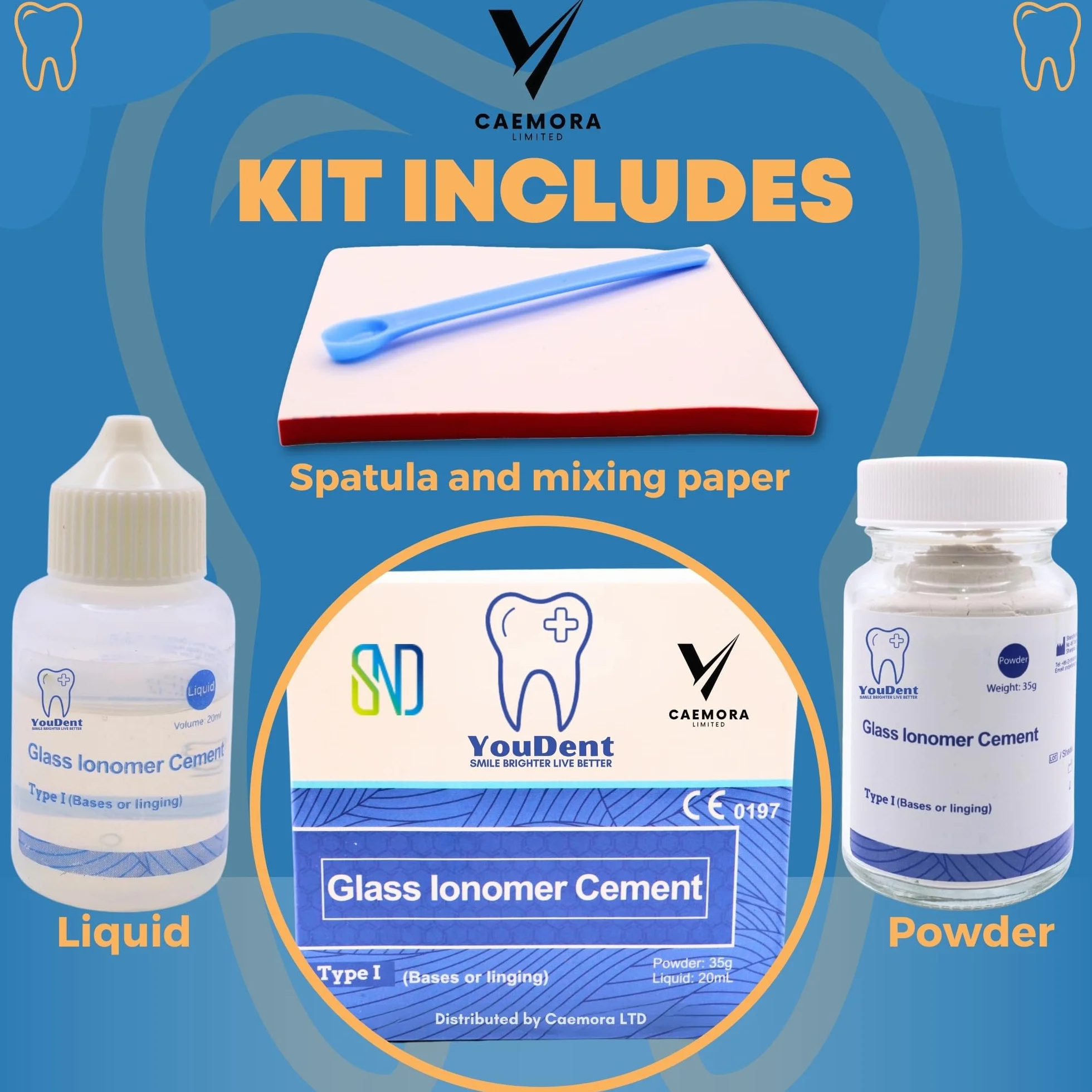Caemora Kit de reparación dental Cemento dental de ionómero de vidrio Relleno permanente