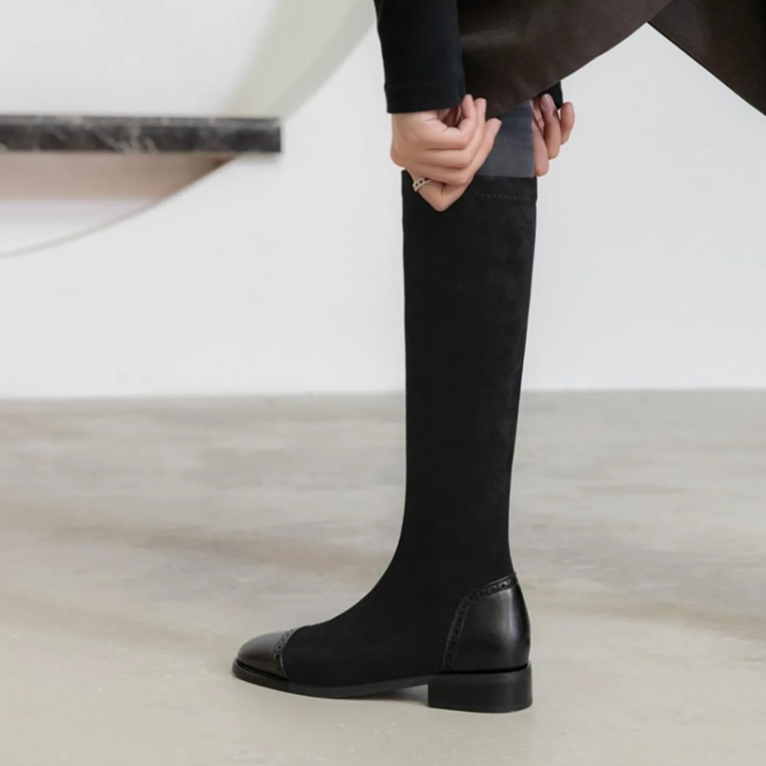 Mujer Botas Altas De Tacón Bajo Pantorrilla Estrecha, Botas De Montar Elásticas Botas Negras De Invierno Suede Tacón Chunky Botas Largas Cálidas Botas Slouch