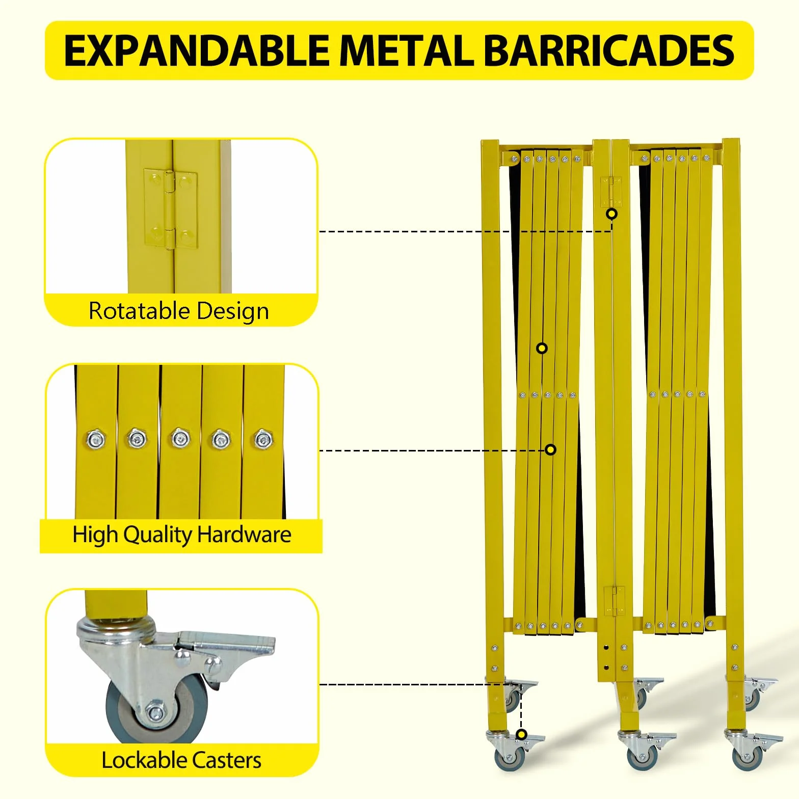 Barrera de Seguridad Portátil de Metal Expandible Industrial 19.8 pies con Ruedas