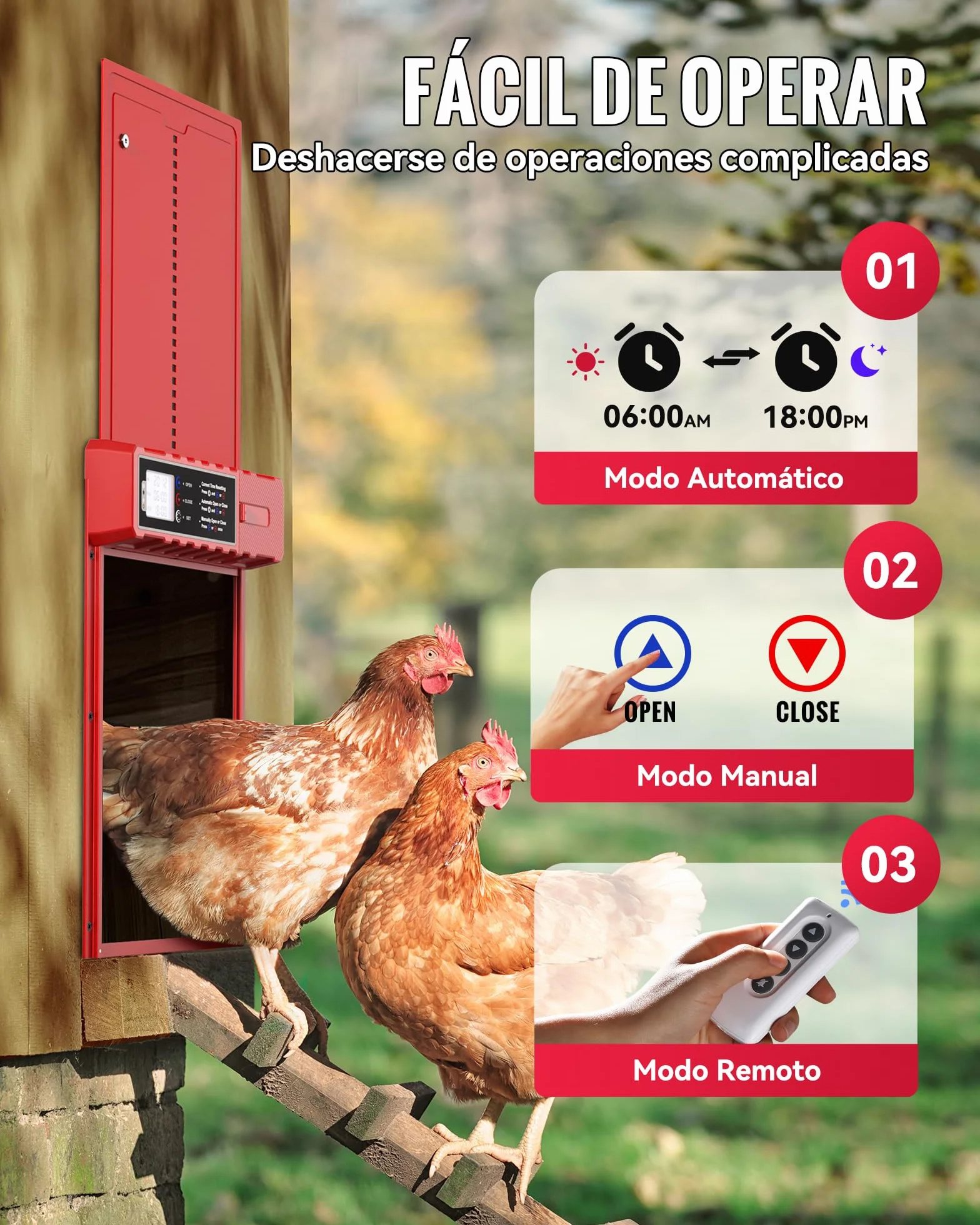 Puerta Gallinero Automatica Solar Roja con 3 Modos, Proteccion contra Pinchazos, Aluminio Resistente a la Intemperie