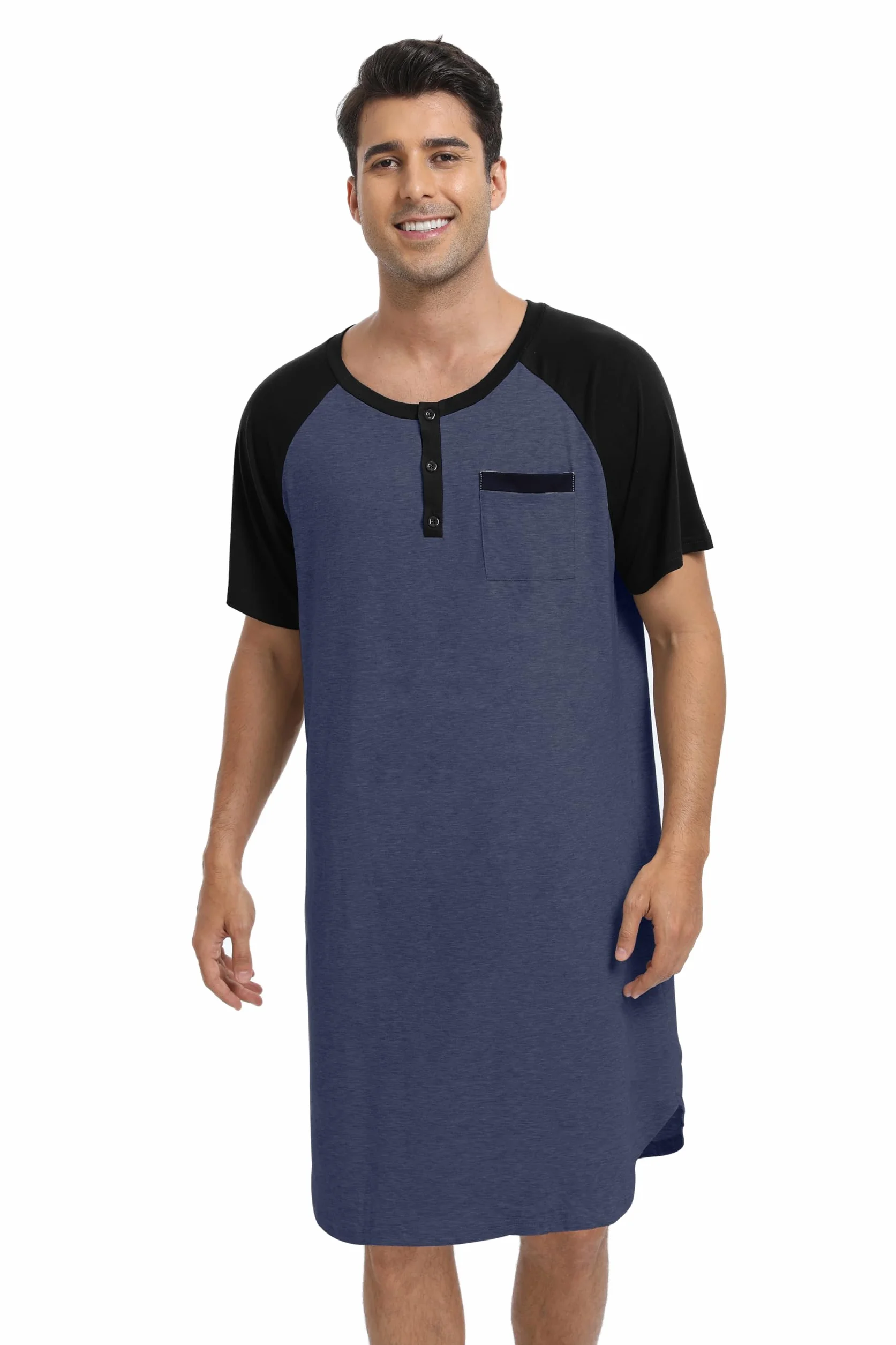 Enjoyoself Camisón Hombre Dormir Camisetas de Pijama Algodón Larga Suave Transpirable Camisa de Noche de Manga Corta Camison Hospital Ropa de Dormir para Descansar