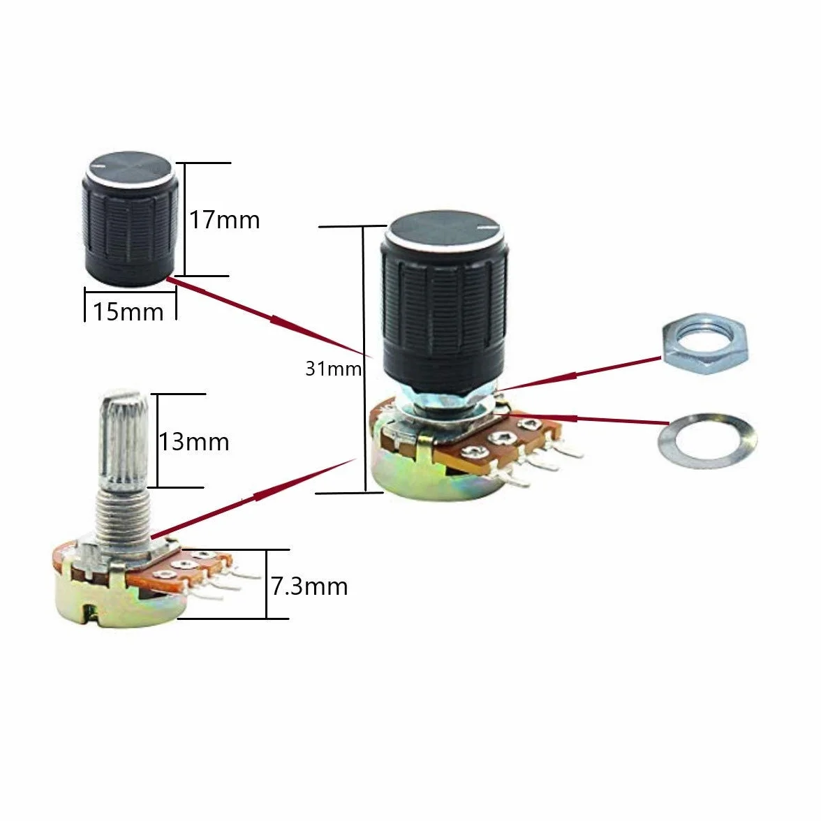 Potenciómetro B5K B10K B20K B50K B100K Ohm, Kit de Potenciómetros Lineal Cónico Rotativo, 3 Terminales B-Tipo Estéreo Audio con Perilla