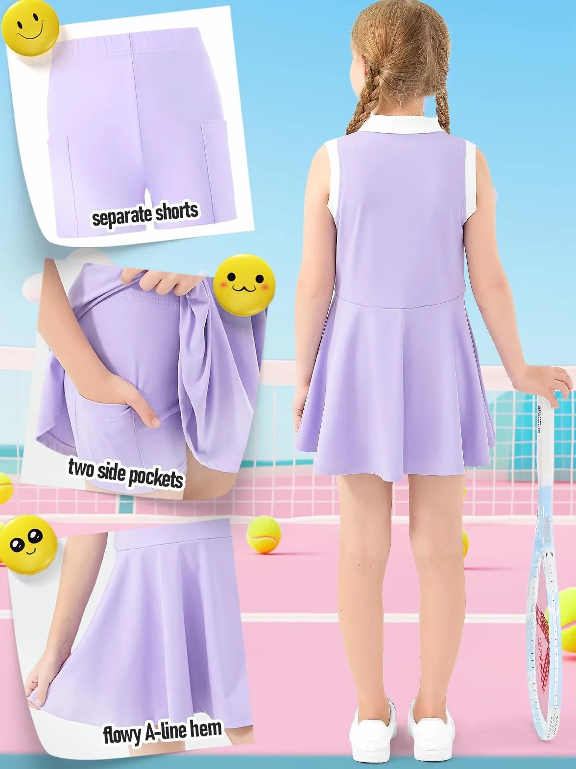 Vestido de Tenis para Niña con Pantalón Corto Polo Athletic Dress Sin Mangas con Bolsillos