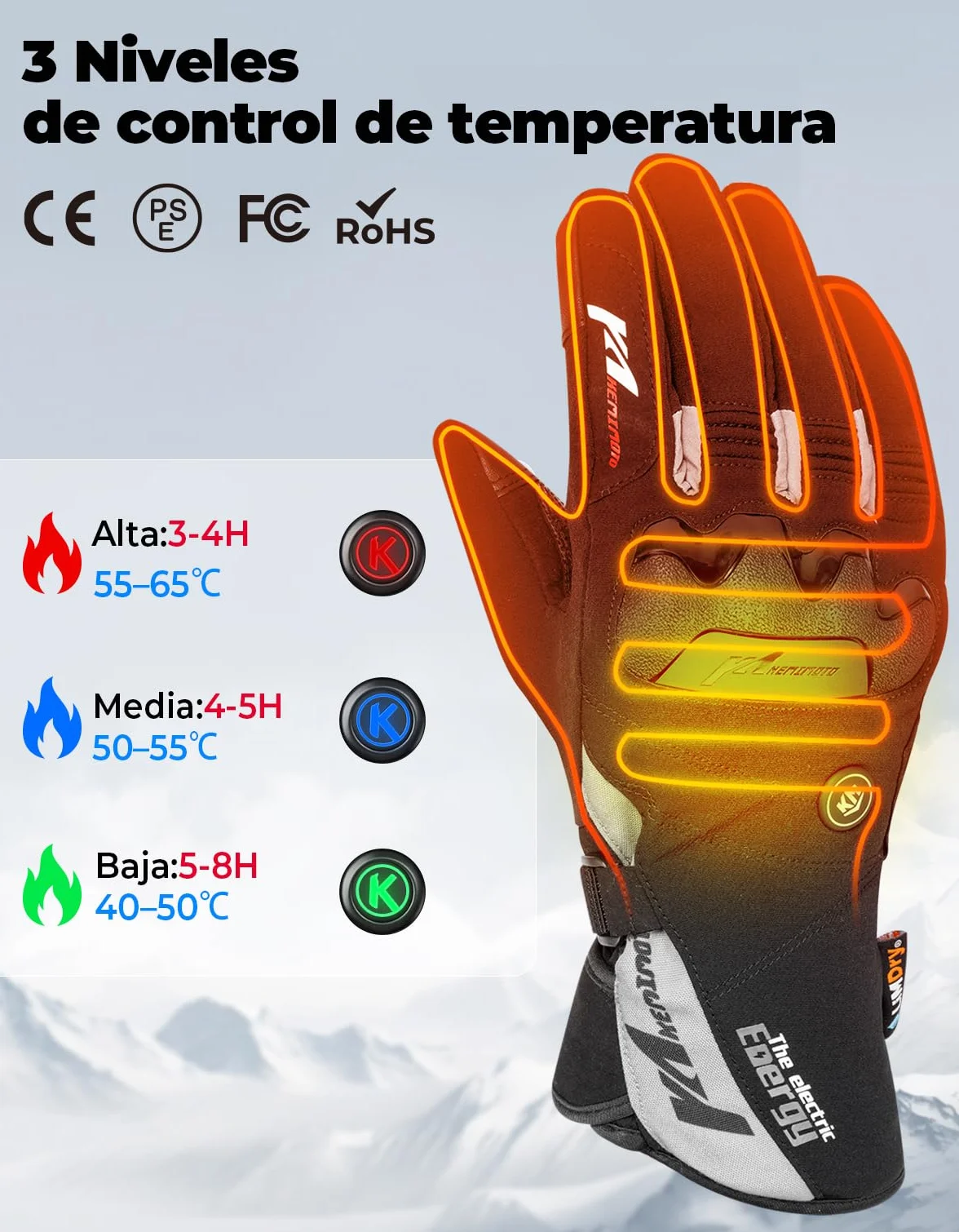 KEMIMOTO Guantes Calefactables, Guantes Moto Térmicos con Batería 2500 mAh, Guantes Moto Invierno Hombre y Mujer, Resistente al Desgaste para Moto, Esquí, Actividades Hielo Nieve