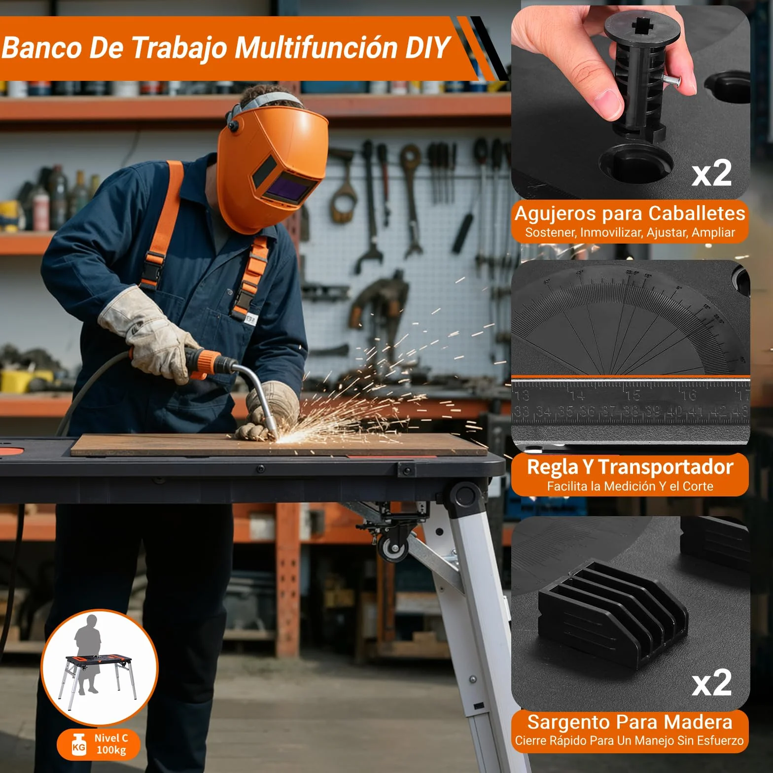 TLGREEN Banco de Trabajo Portátil 7 en 1 Plegable Altura Ajustable con Marcas de Ángulo y Ruedas