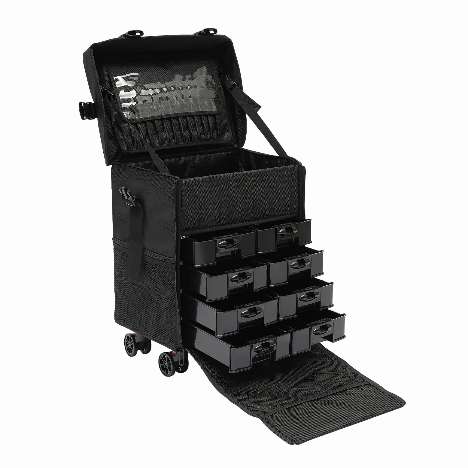 Maletín de maquillaje 2 en 1, maletín profesional de maquillaje con ruedas, maletín de maquillaje, maletín multiusos, ideal para viajes, peluquerías, idea de regalo, 38 x 29 x 42 cm, color negro