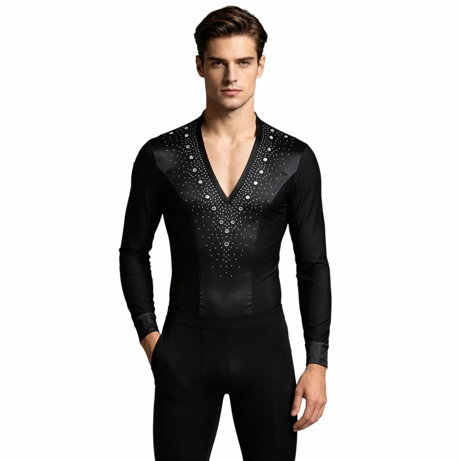 renvena Camiseta de baile latino para hombre, manga larga, con cuello en V, con purpurina, camiseta de baile, traje de danza