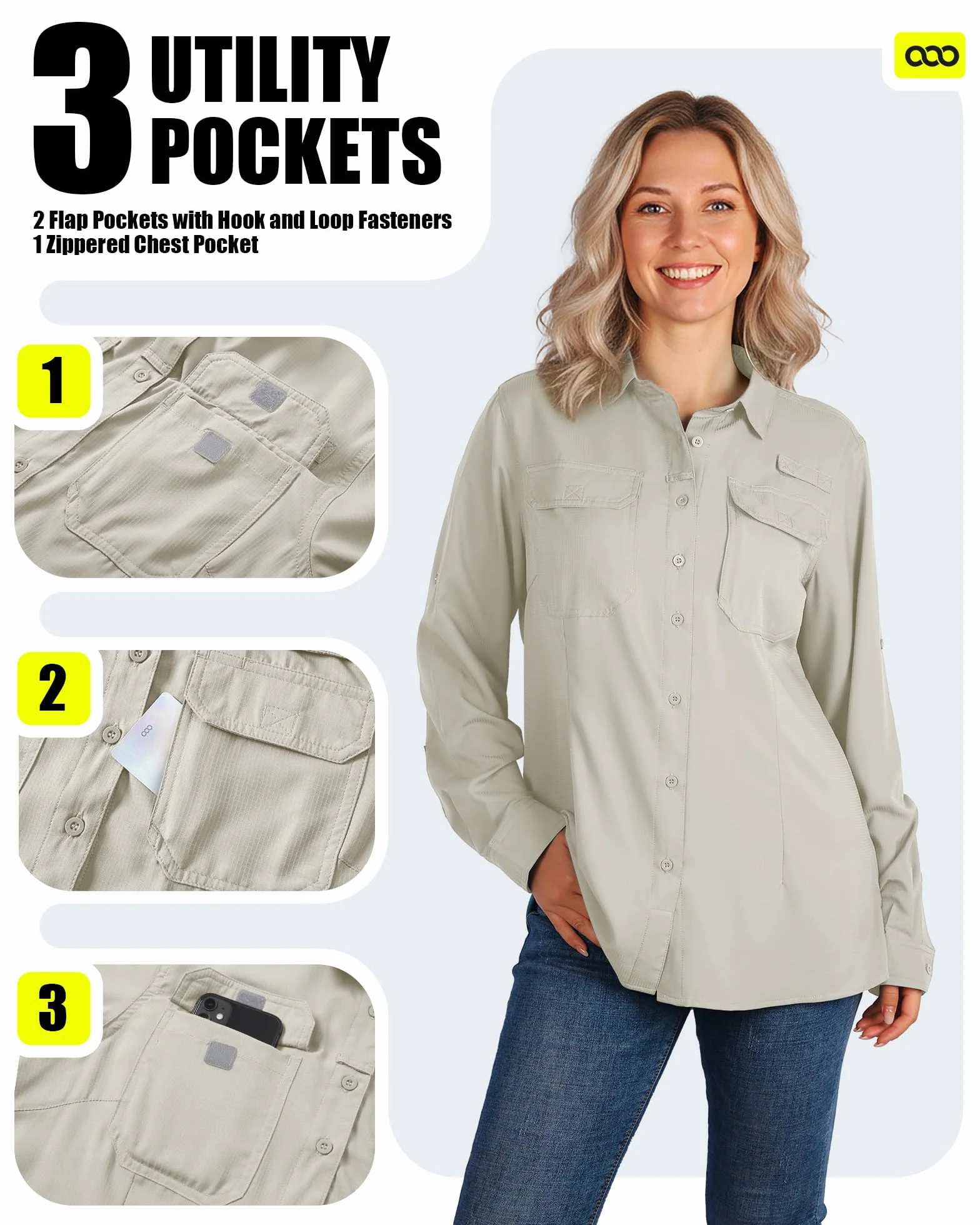 Camisa para mujer UPF50 protección UV secado rápido botones transpirable senderismo safari pesca viajes