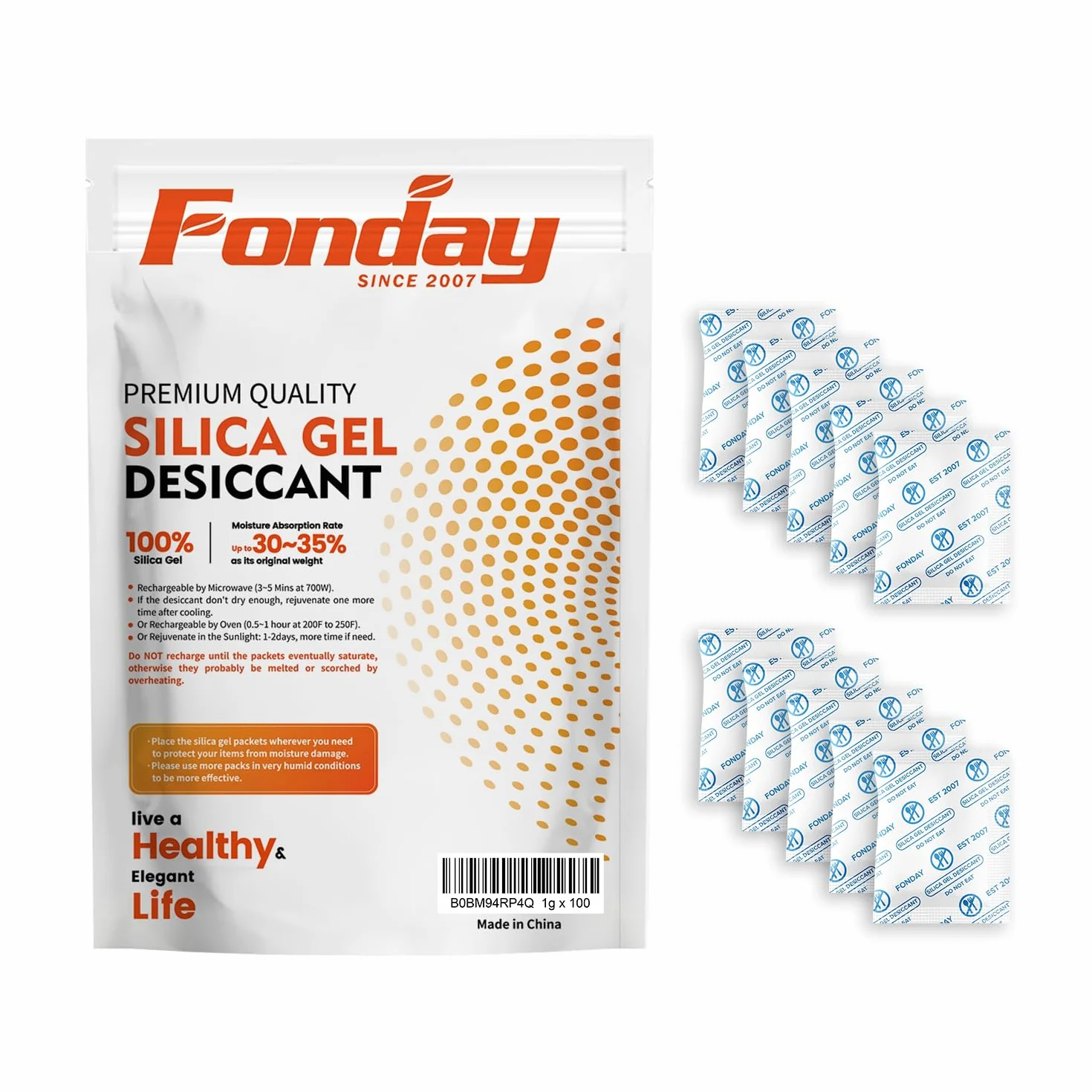 Fonday 100 Paquetes de Gel de Sílice de Grado Alimenticio Desecante Absorbente de Humedad
