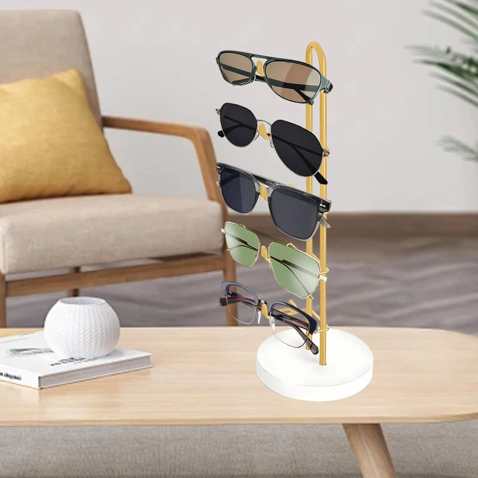 Soporte para Gafas de Sol Expositor Organizador Elegante de Metal con Base de Madera para 5 Pares